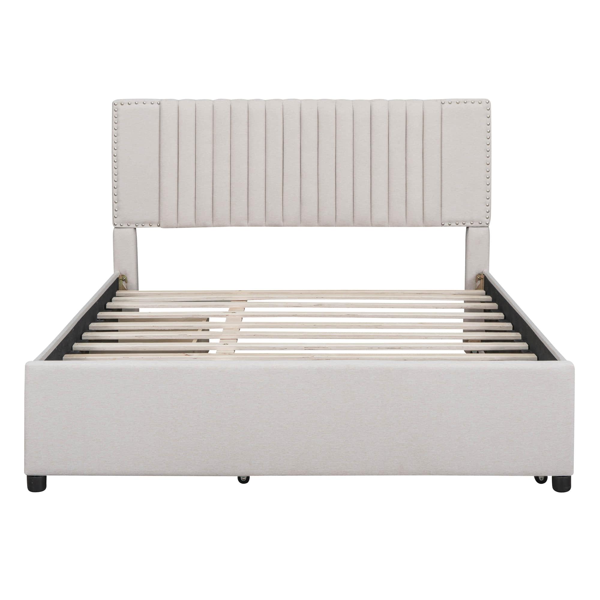 Upholstered Platform Queen Size Bed Frame with Storage and Twin XL Trundle - [Drawers, Headboard]