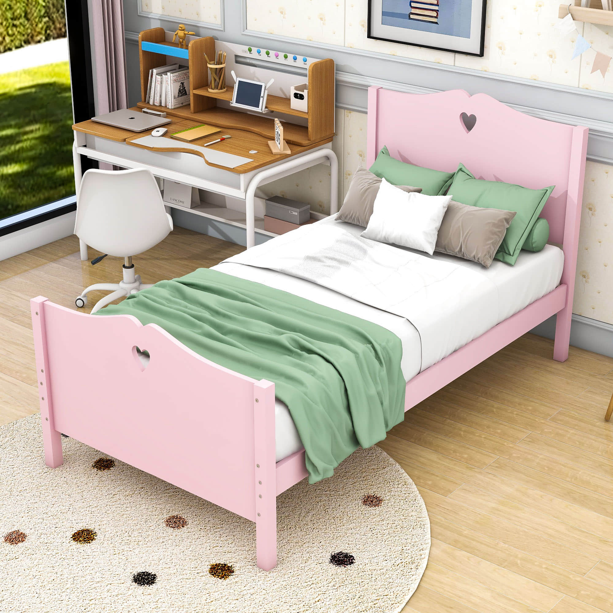 Wood Girls Twin Platform Bed with Headboard and Footboard