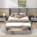 Queen Upholstered Bed Frame with Wingback Headboard and Storage