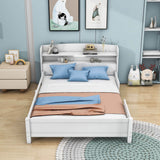 Wood Full Low Kids Platform Bed Frame with Rails and Storage Headboard