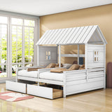 Wooden Double Twin Size House Platform Beds with Storage for 2 Kids