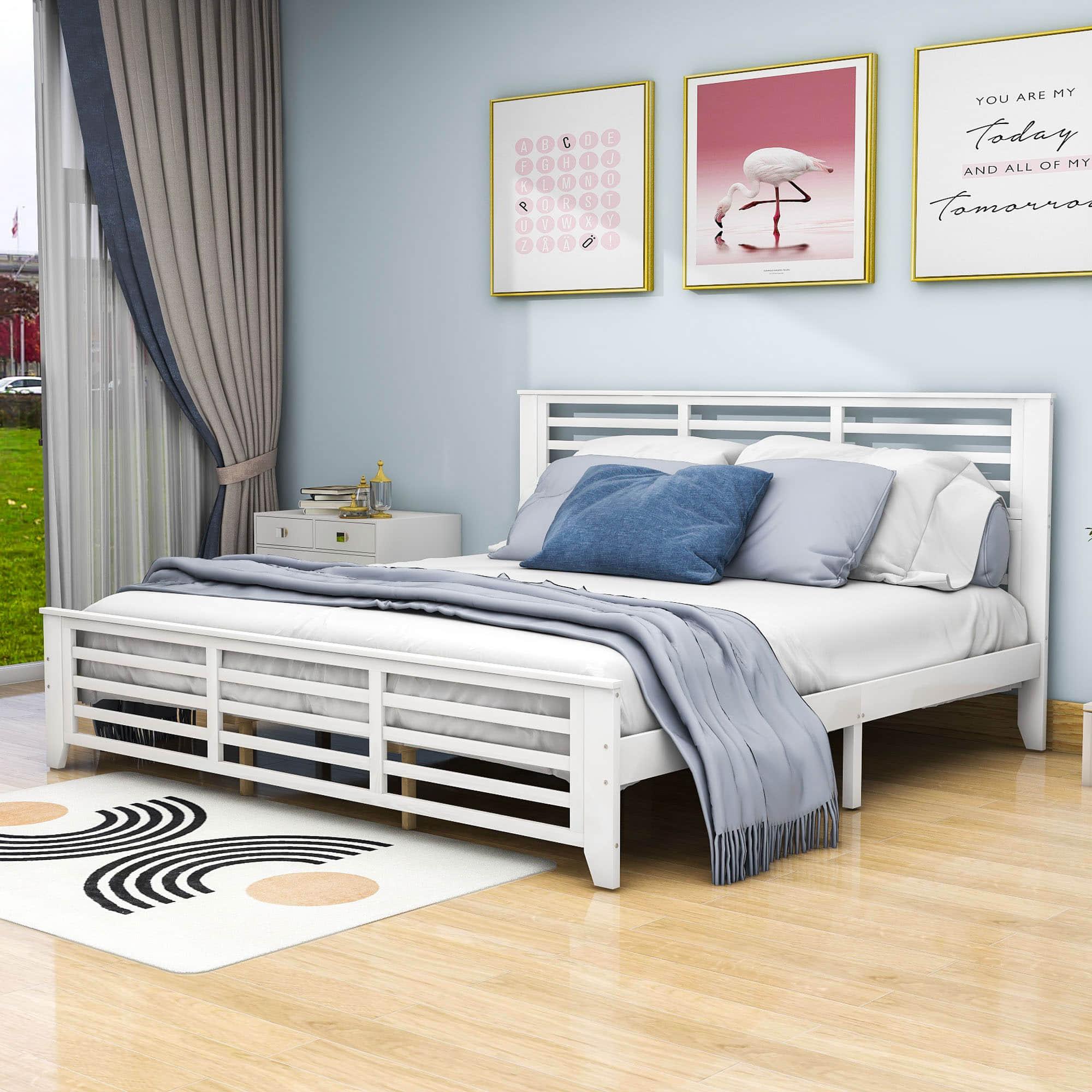 Wooden King Size Platform Bed with Open-Frame Headboard