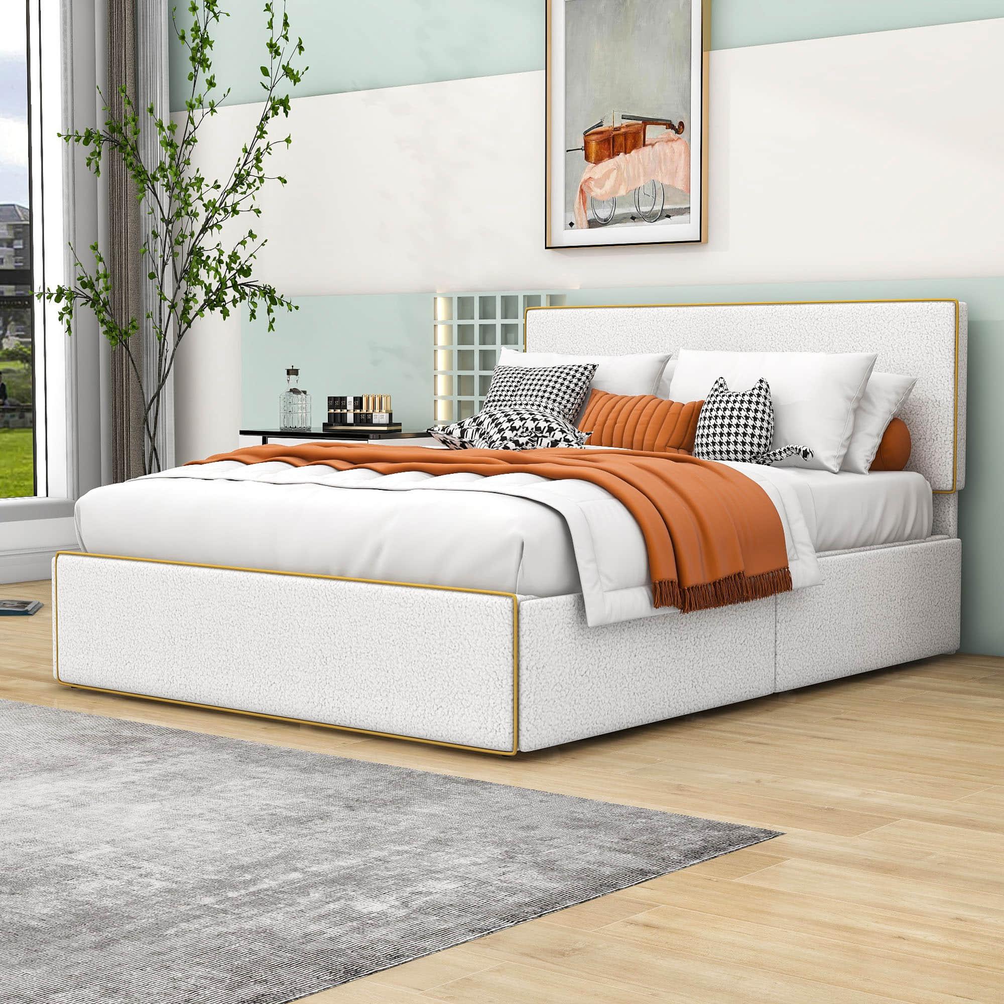 Full Upholstered Platform Bed Frame with Headboard and Storage