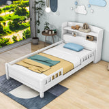 Low Twin Kids Platform Bed Frame with Rails and Storage Headboard