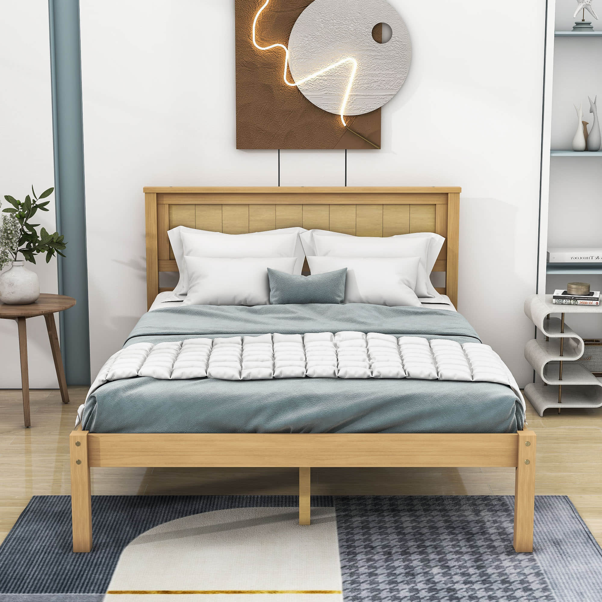 Wood Full Size Vintage Platform Bed Frame with Headboard