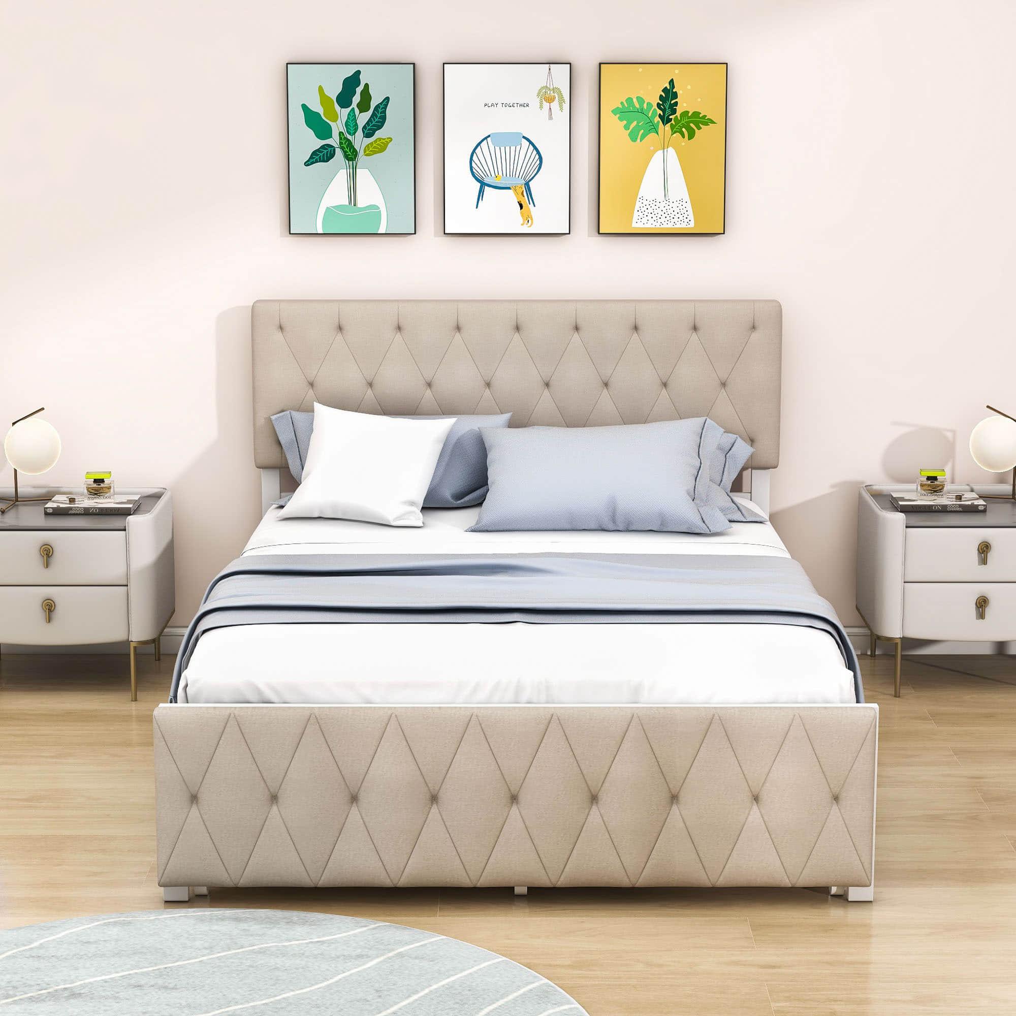 Metal Full Size Upholstered Storage Bed with Headboard and Drawers