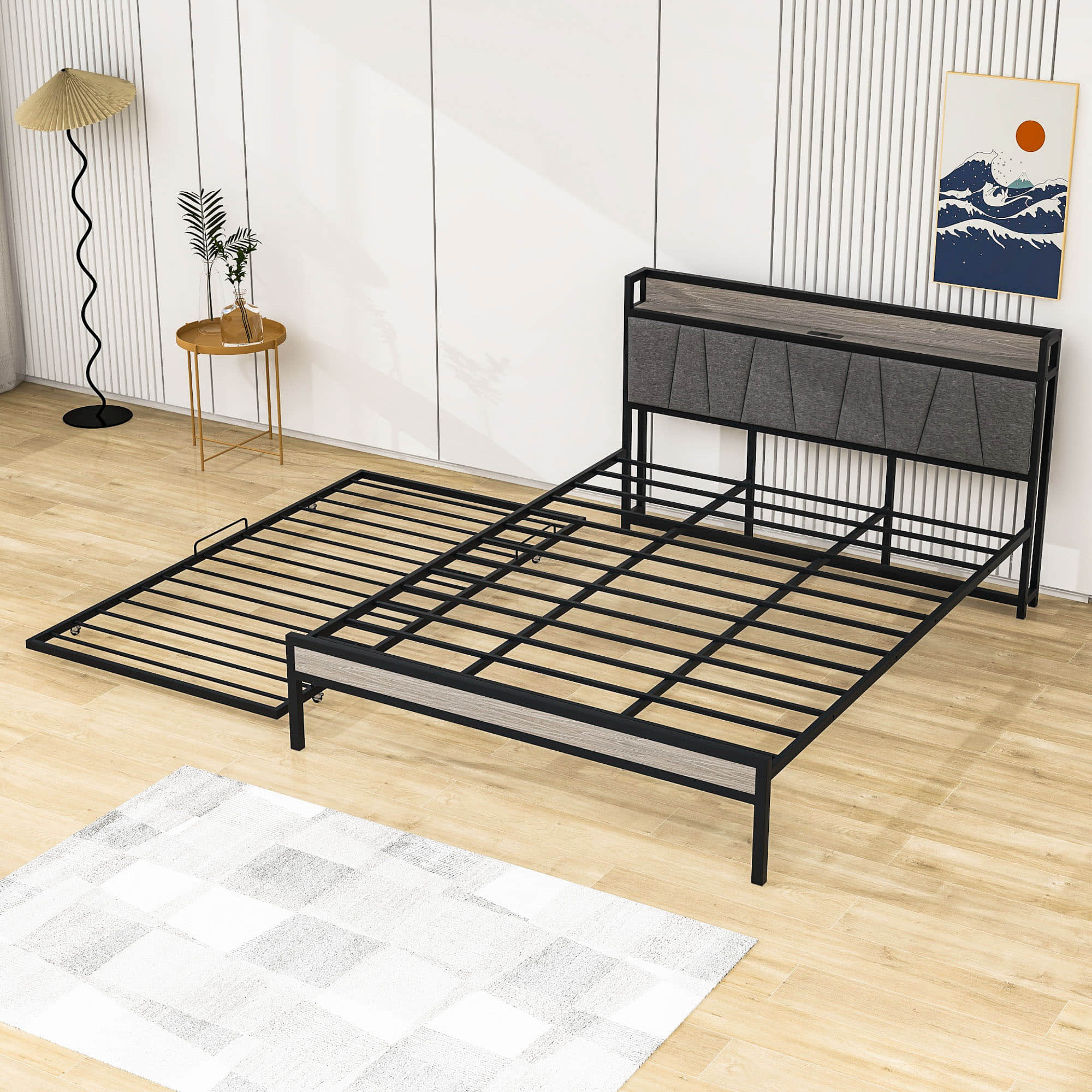 Smart Modern Queen Size Metal Platform Bed Frame with Twin Trundle