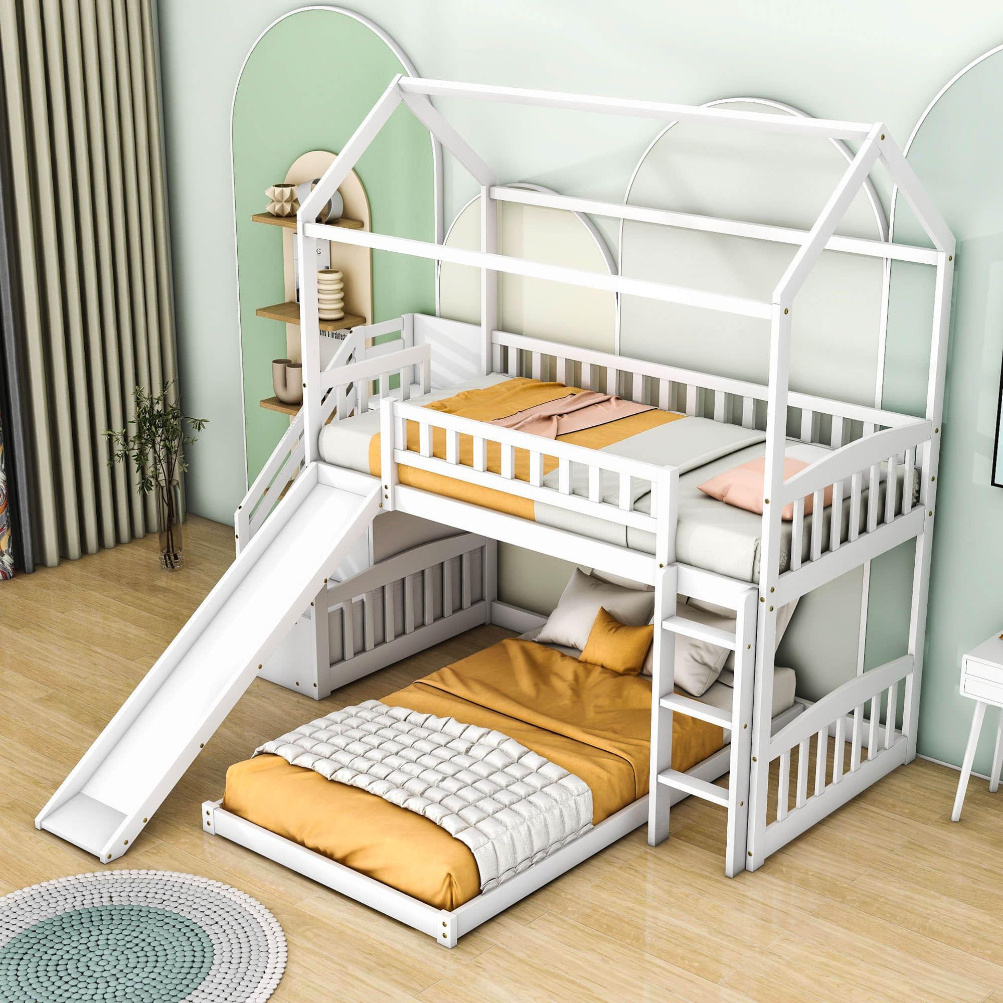 Floor Twin Bunk Beds for Toddlers Kids with Stairs and Slide - [Wood]