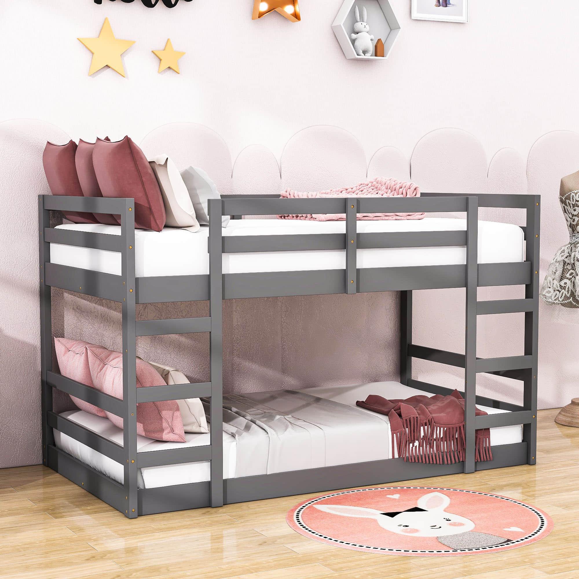 Montessori Low Twin Over Twin Bunk Beds for Kids Toddler - Wooden