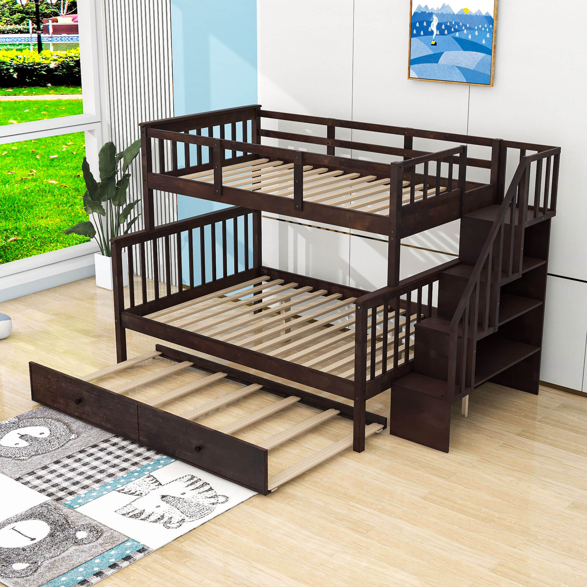 Twin Over Full Bunk Beds for Kids, Adults with Trundle and Storage