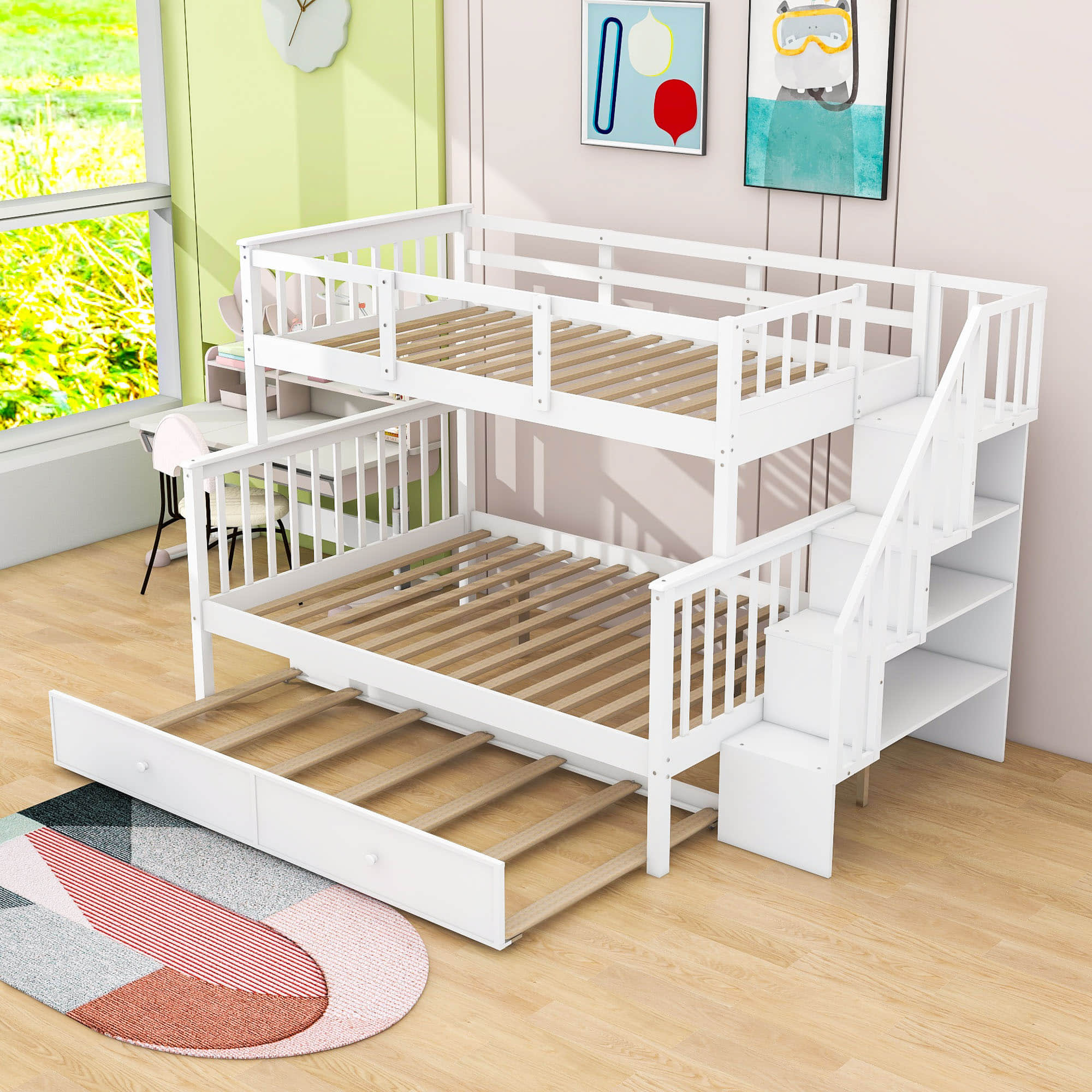 Twin Over Full Bunk Beds for Kids, Adults with Trundle and Storage