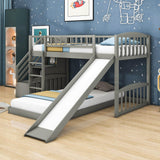 Twin Over Twin L-Shaped Floor Bunk Beds with Stairs and Slide for Kids