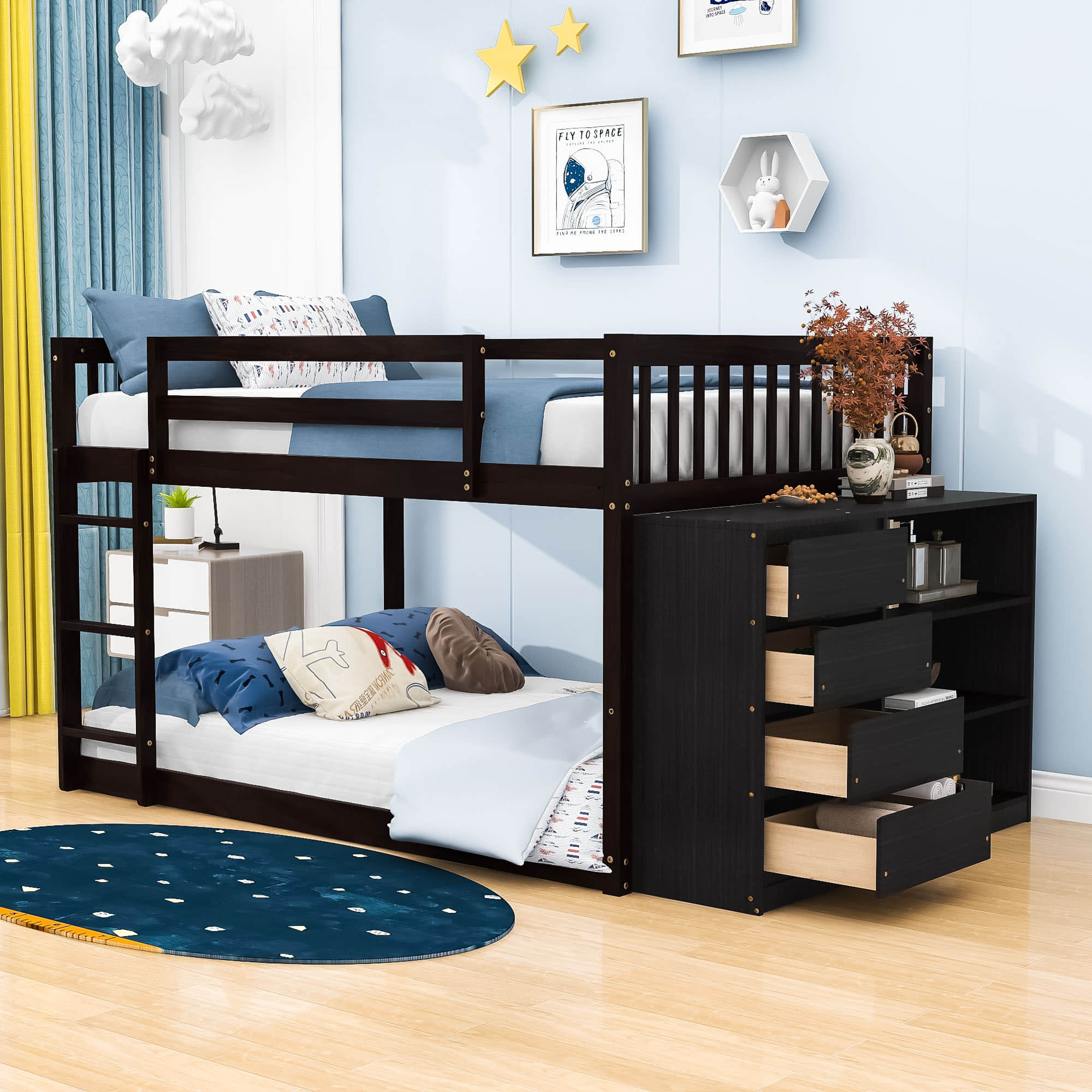 Low Full Over Full Bunk Beds for Kids, Toddlers with Storage - [Wood]