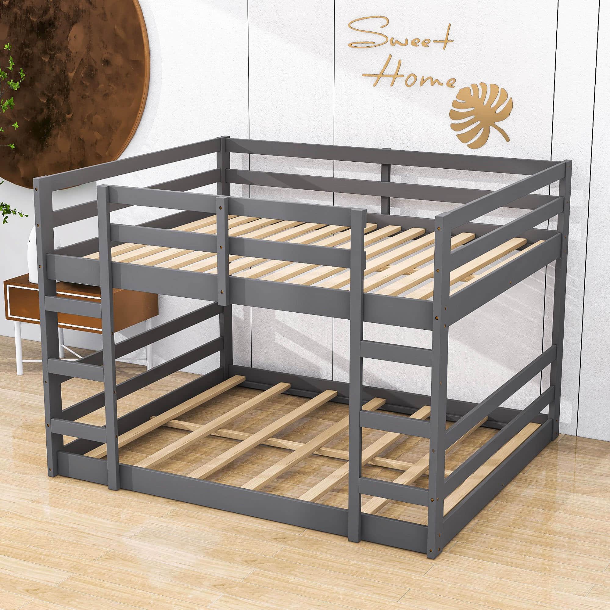 Modern Low Full Over Full Bunk Beds for Kids Toddler with 2 Ladders - Wooden