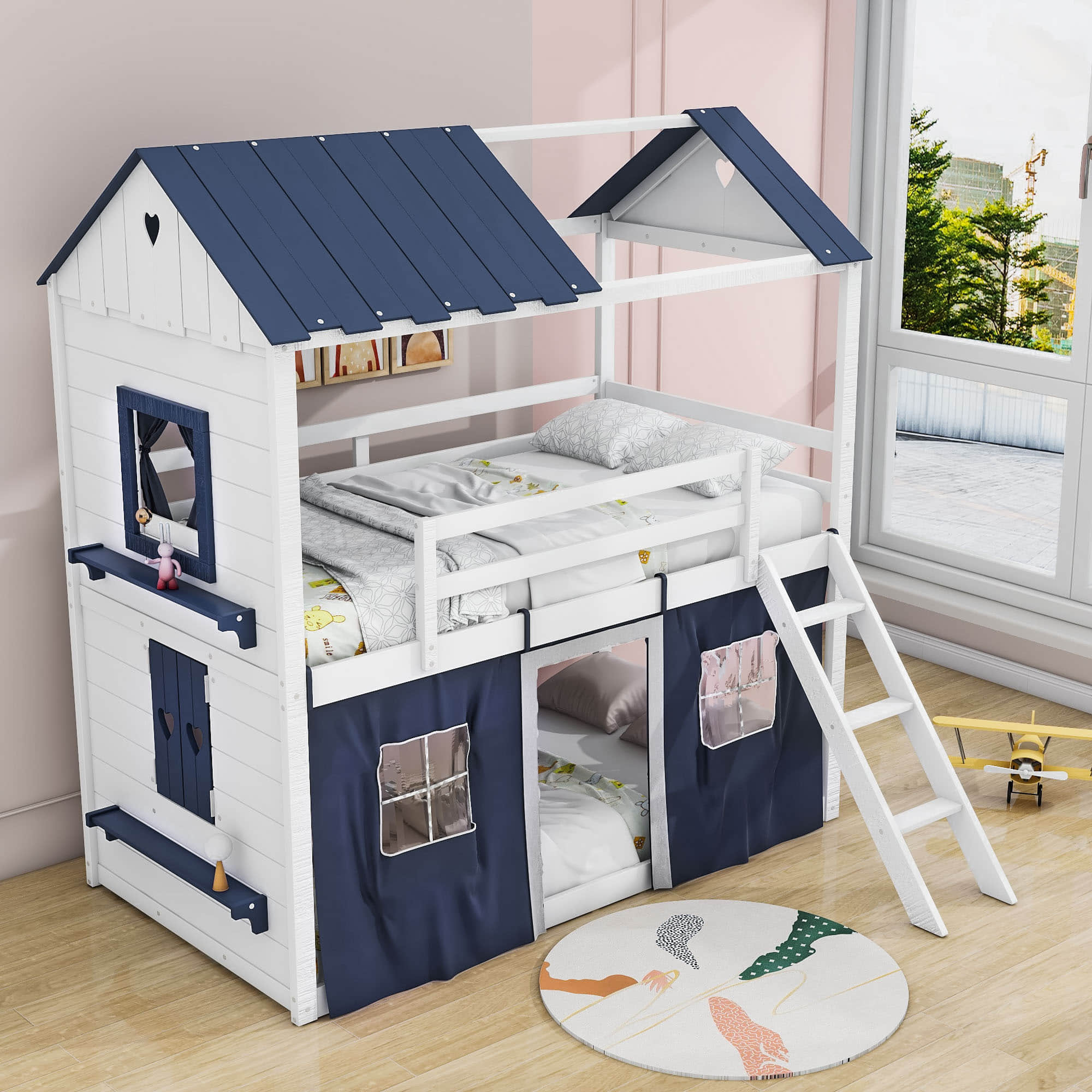 Low Twin Over Twin House Loft Bunk Beds for Kids with Curtains - [Floor]