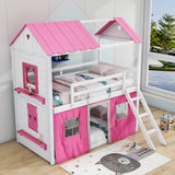 Low Twin Over Twin House Loft Bunk Beds for Kids with Curtains - [Floor]