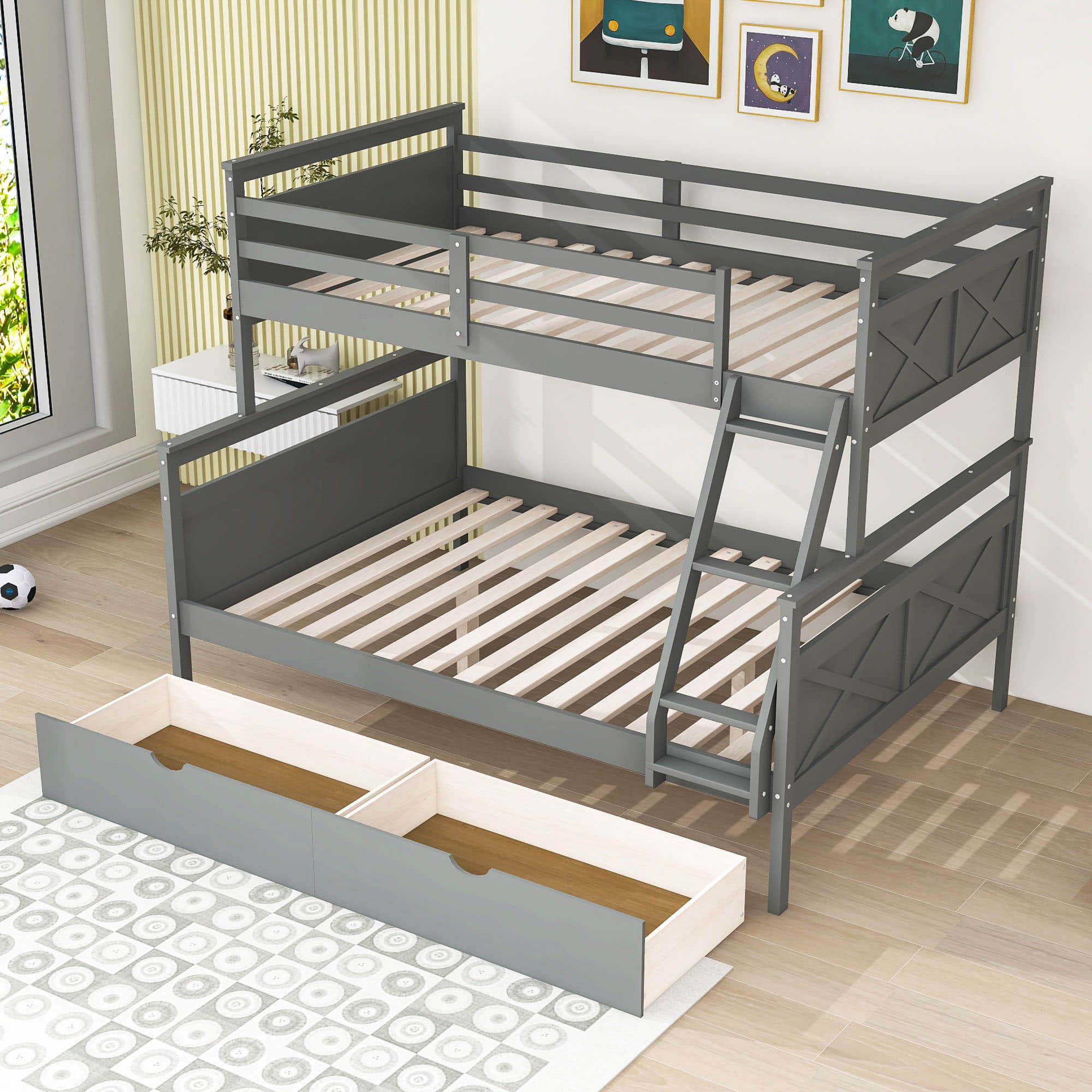 Modern Convertible Twin Over Full Bunk Bed with Storage Drawers - [Wood]