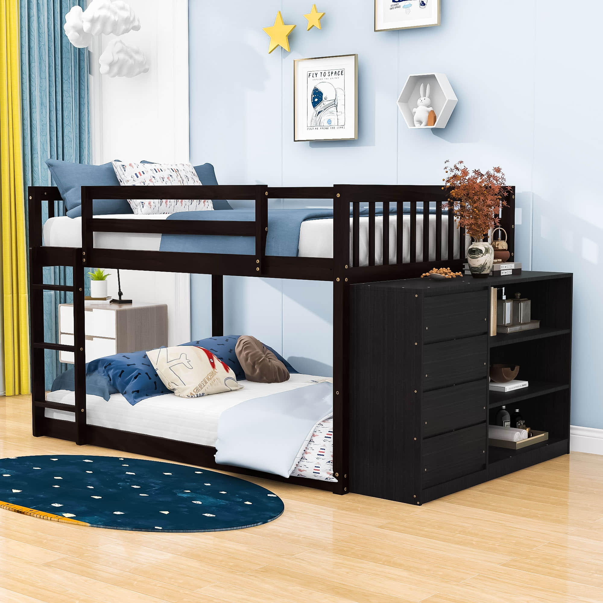 Low Full Over Full Bunk Beds for Kids, Toddlers with Storage - [Wood]