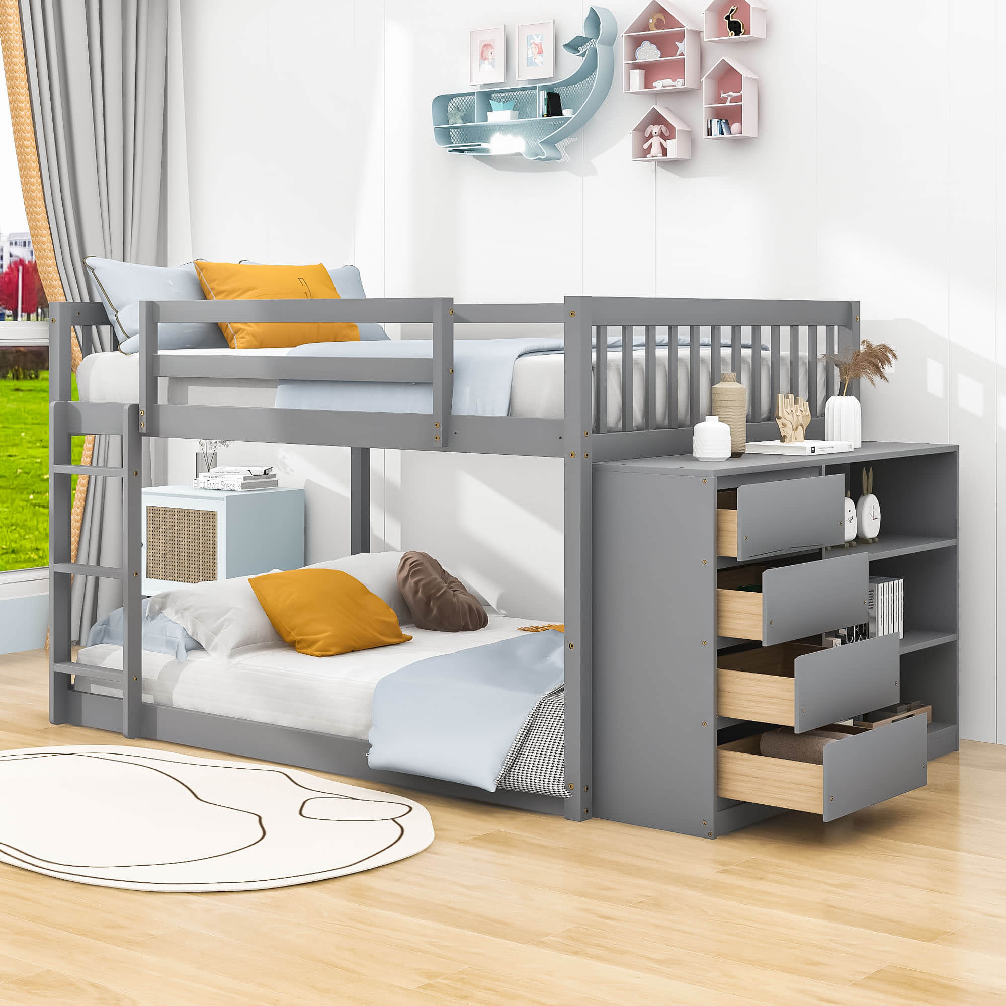 Low Full Over Full Bunk Beds for Kids, Toddlers with Storage - [Wood]