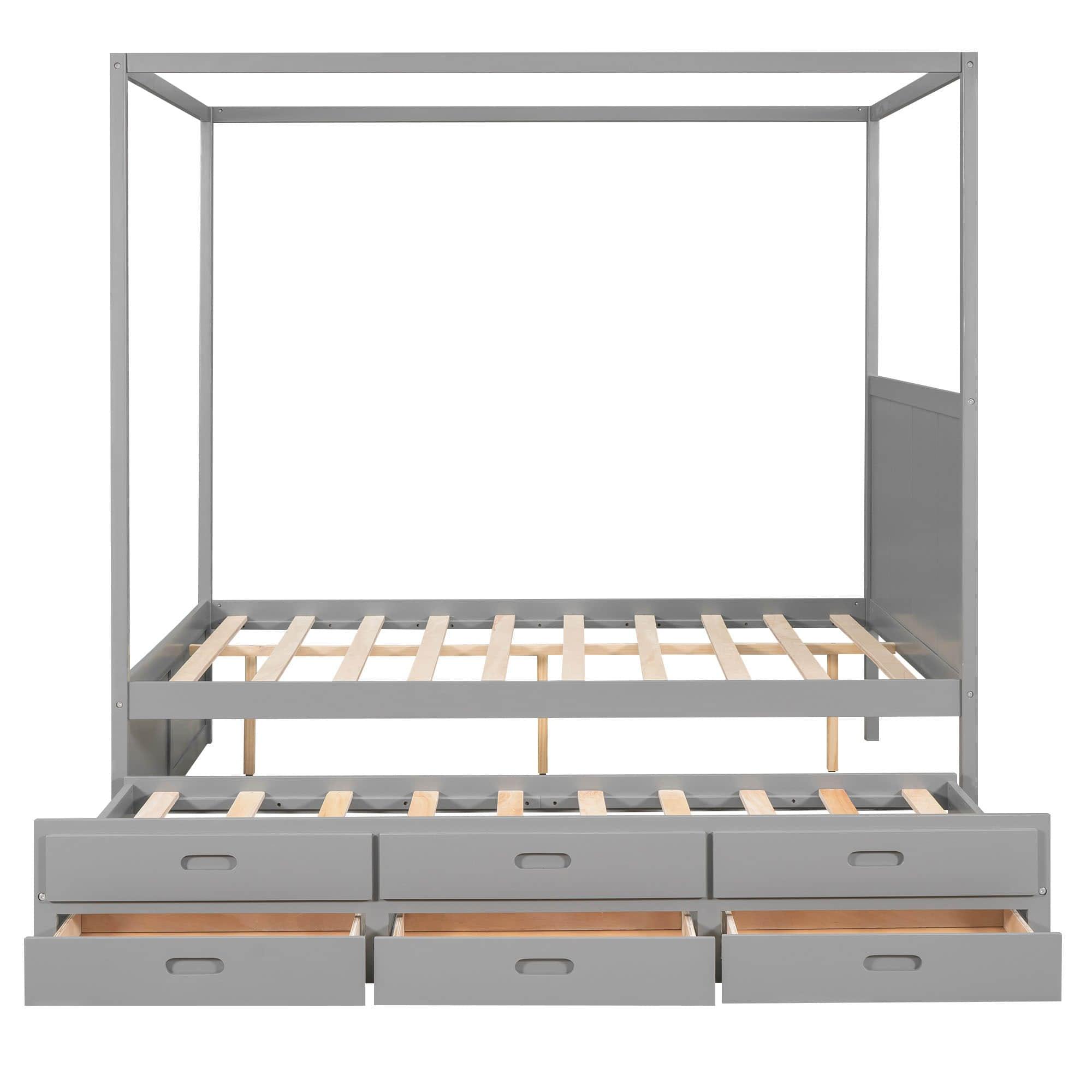 Queen Size Captain's Canopy Bed with Twin Trundle Bed and Storage - [Wooden, Drawers]