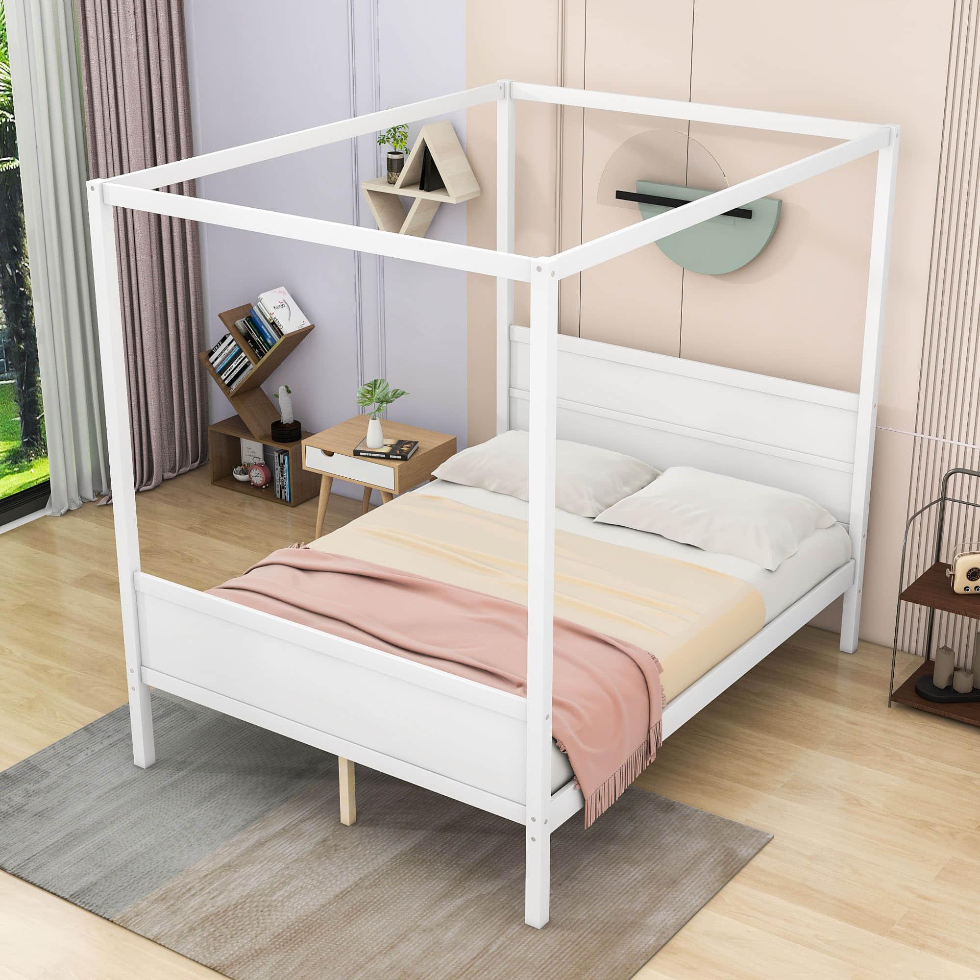 Wood Queen Platform Modern Canopy Bed Frame with Headboard and Footboard