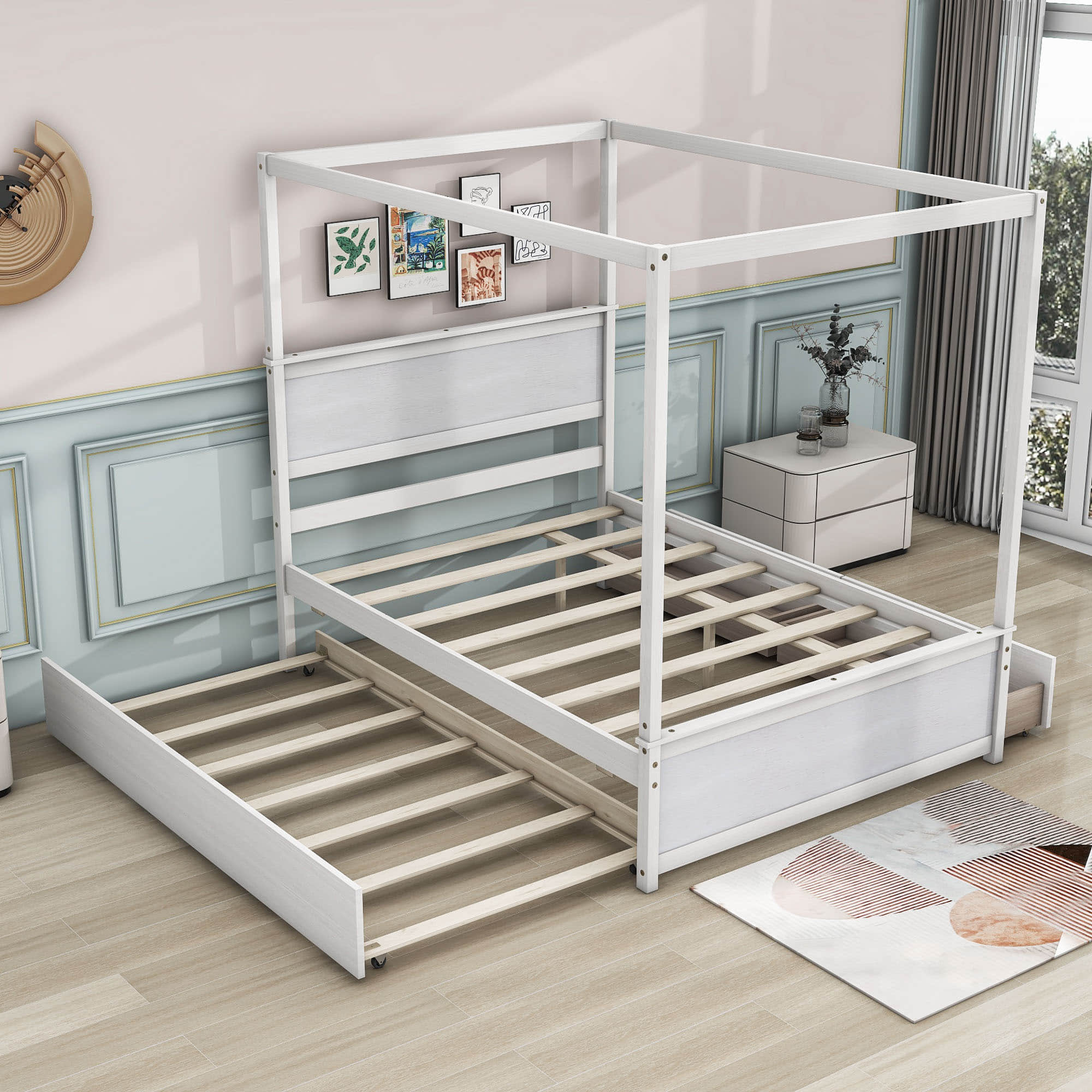 Full Size Wood Canopy Bed Frame with Twin Trundle Bed and Storage