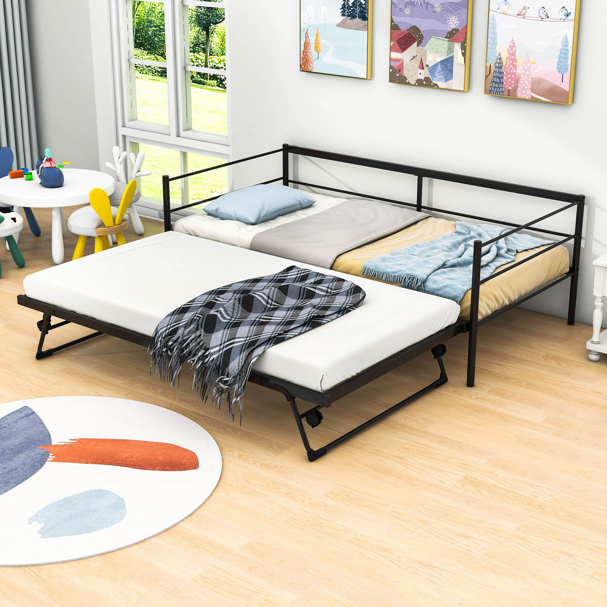 Convertible Metal Twin Daybed with Pop Up Trundle Bed