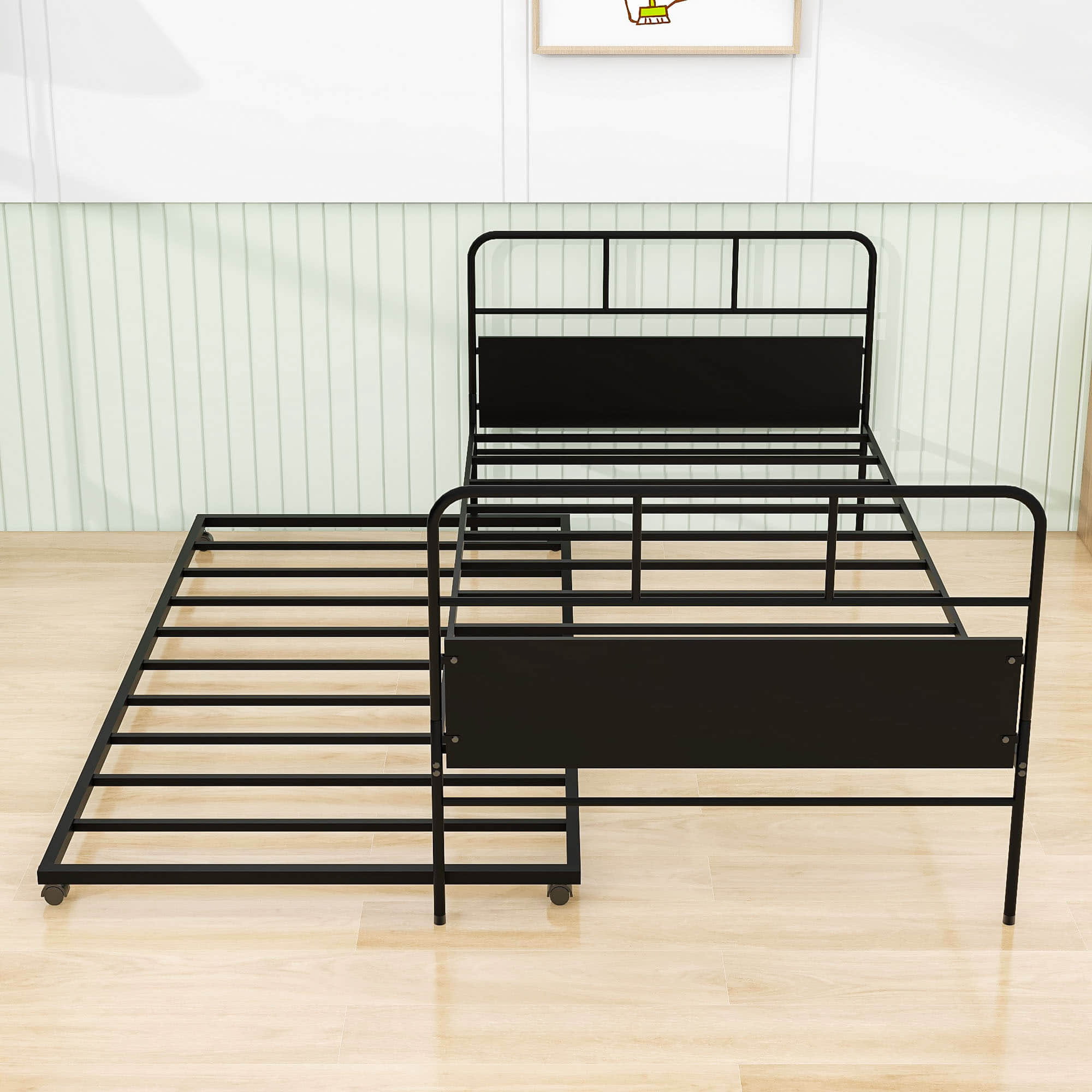 Twin Size Metal Day Bed Frame with Twin Trundle - [Backless]