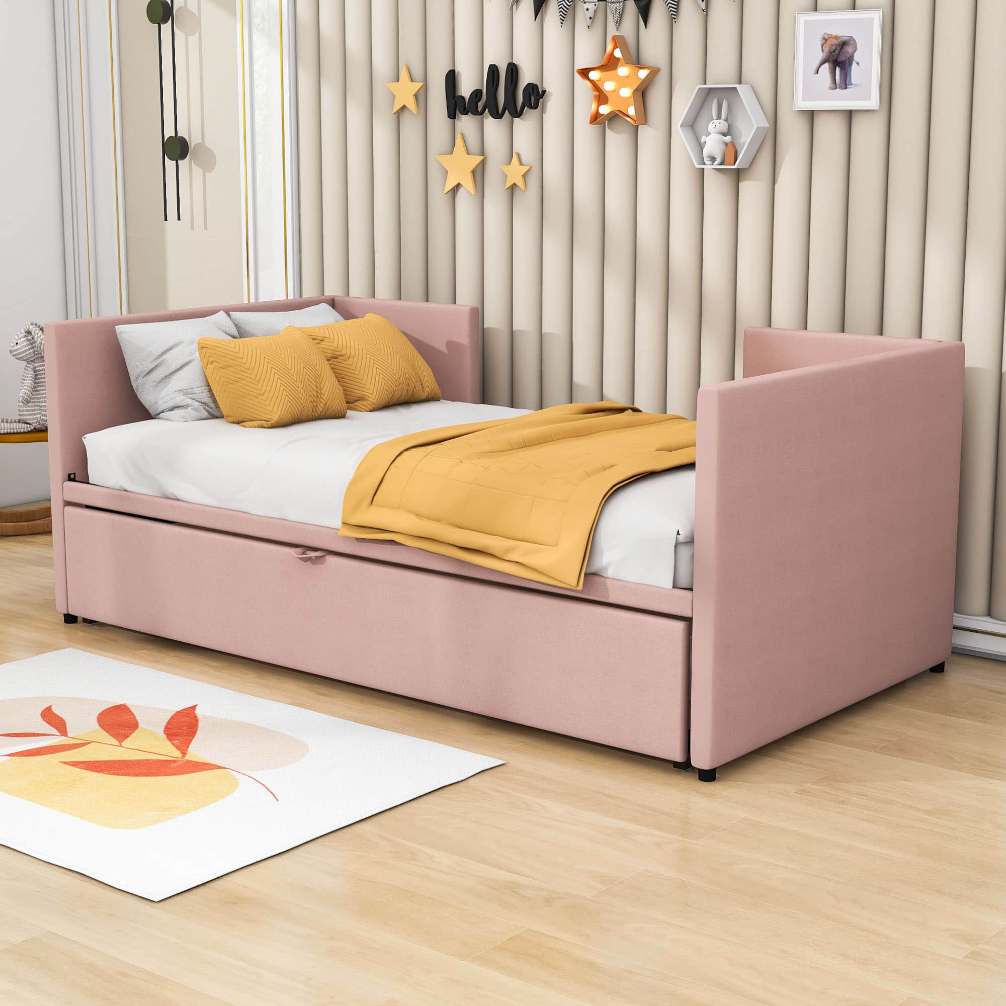 Twin Size Upholstered Daybed with Adjustable Pop Up Trundle