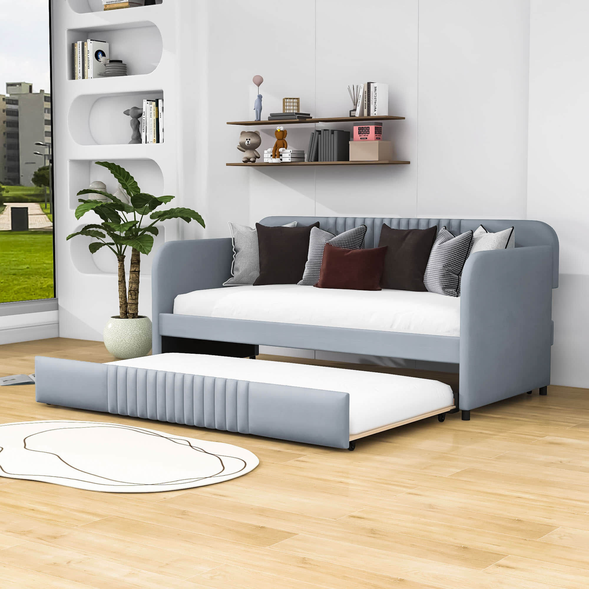 Modern Twin Upholstered Daybed with Trundle Bed - [Sofa Bed in Living Room]