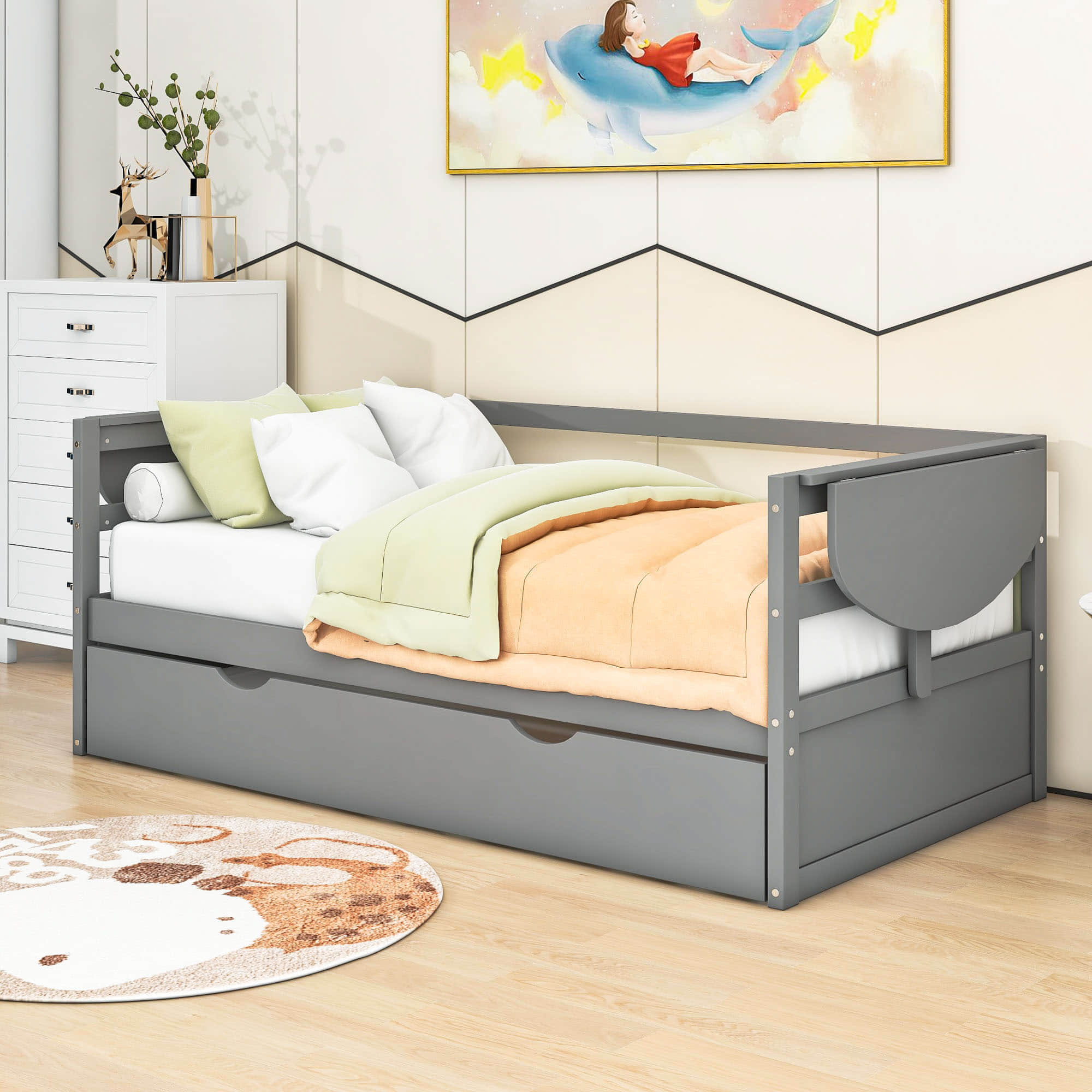 Modern Wood Twin Daybed with Trundle Bed and Foldable Shelves