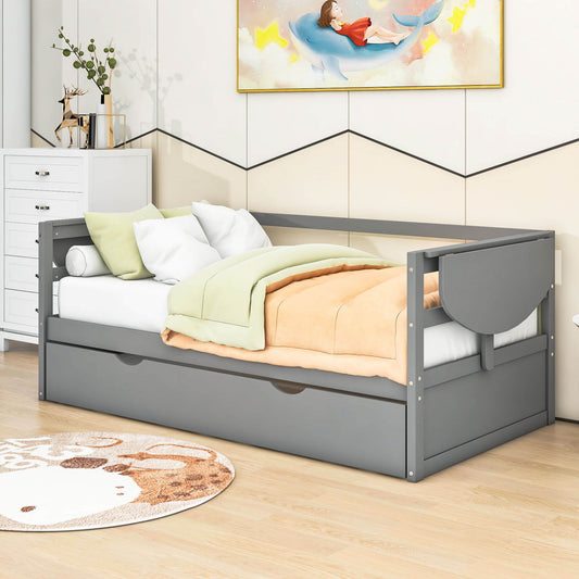 Modern Wood Twin Daybed with Trundle Bed and Foldable Shelves