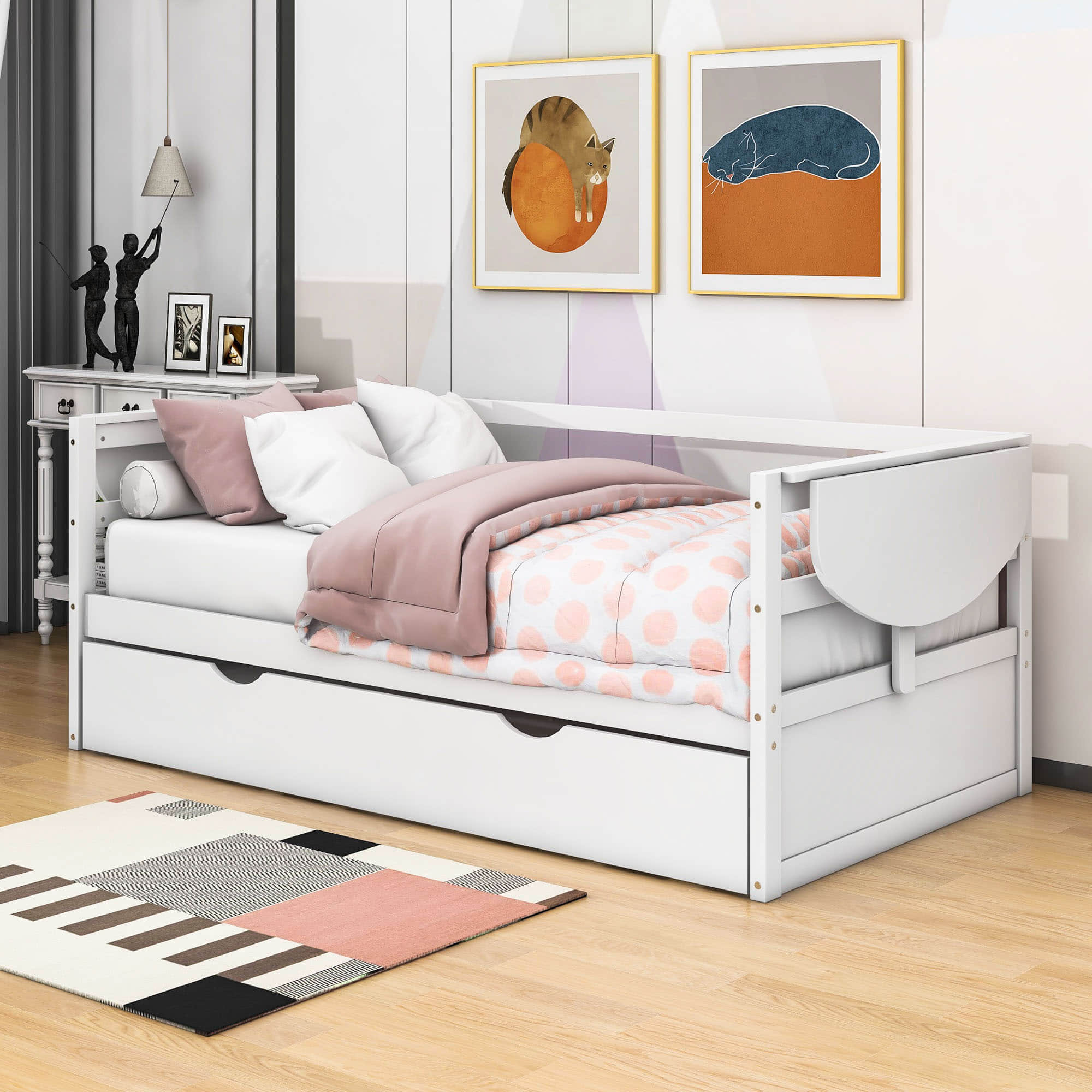 Modern Wood Twin Daybed with Trundle Bed and Foldable Shelves