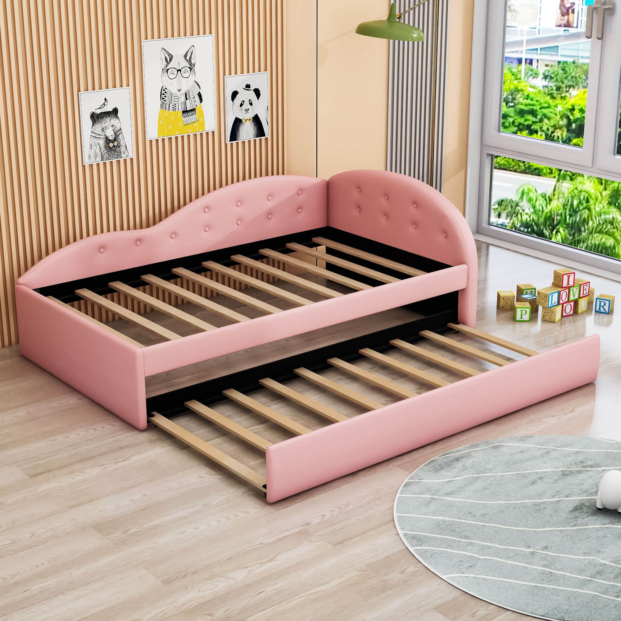 Twin PU Upholstered Kids Daybed with Trundle and Cloud-Shaped Rail