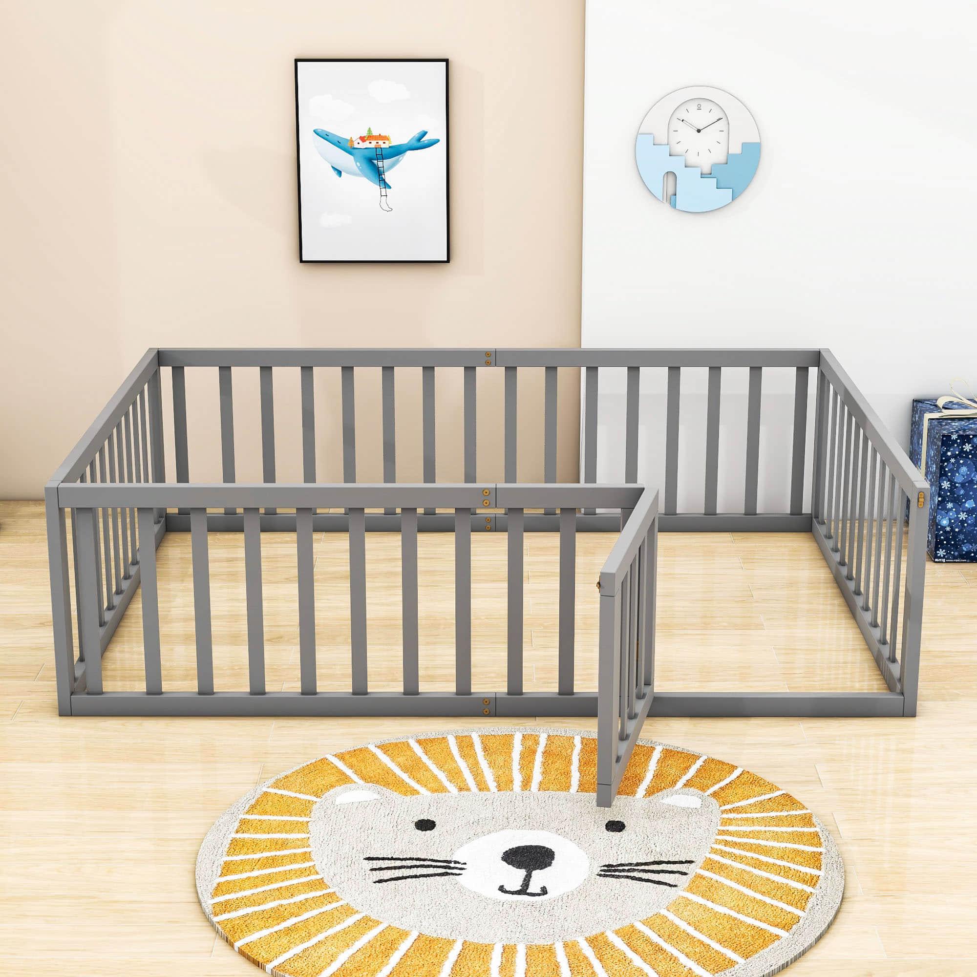 Wooden Full Size Floor Toddler Bed with Rails