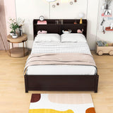 Wooden Full Size Platform Bed with Twin Trundle Bed and Storage Headboard - [Shelves]