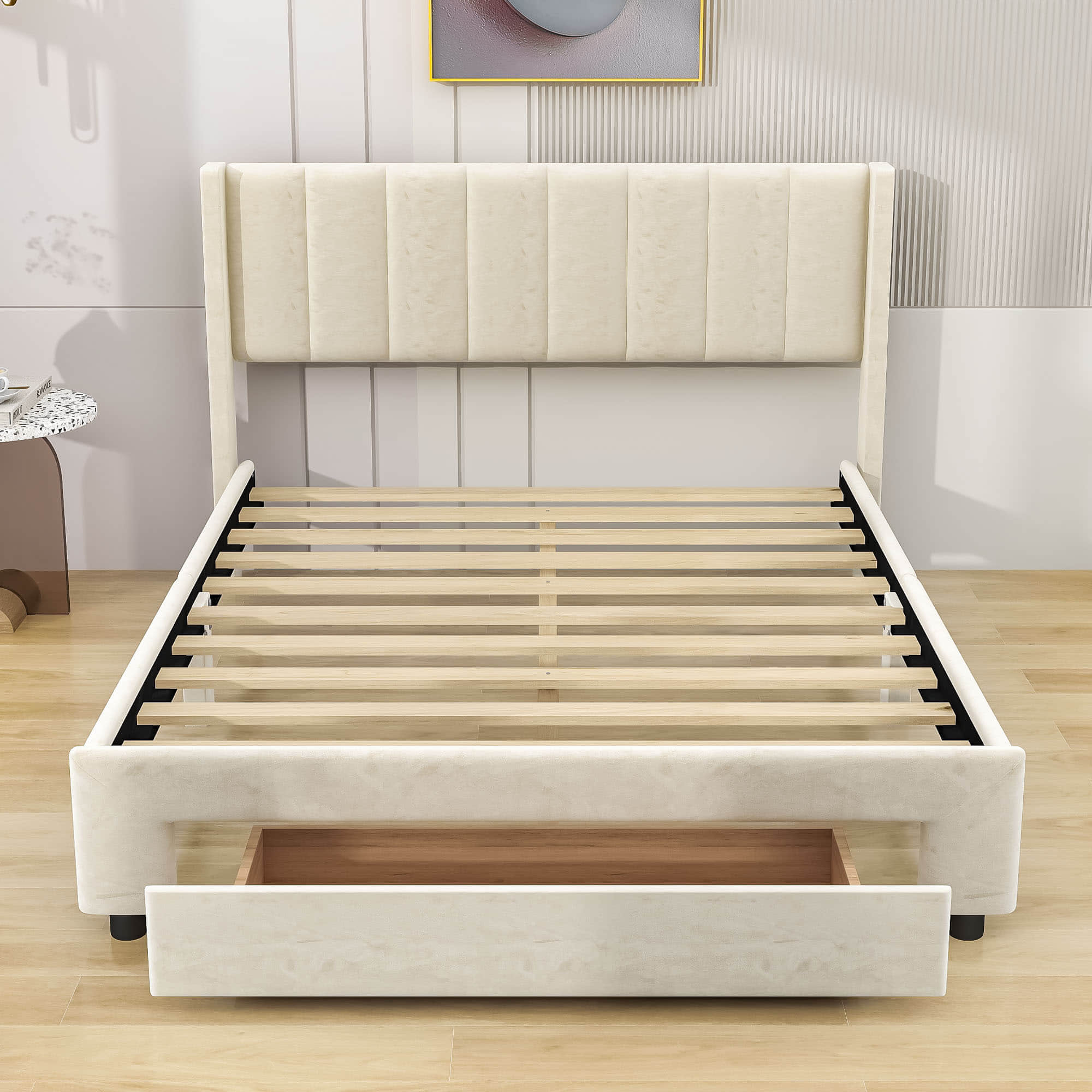 Velvet Queen Size Upholstered Platform Bed Frame with Headboard and Storage