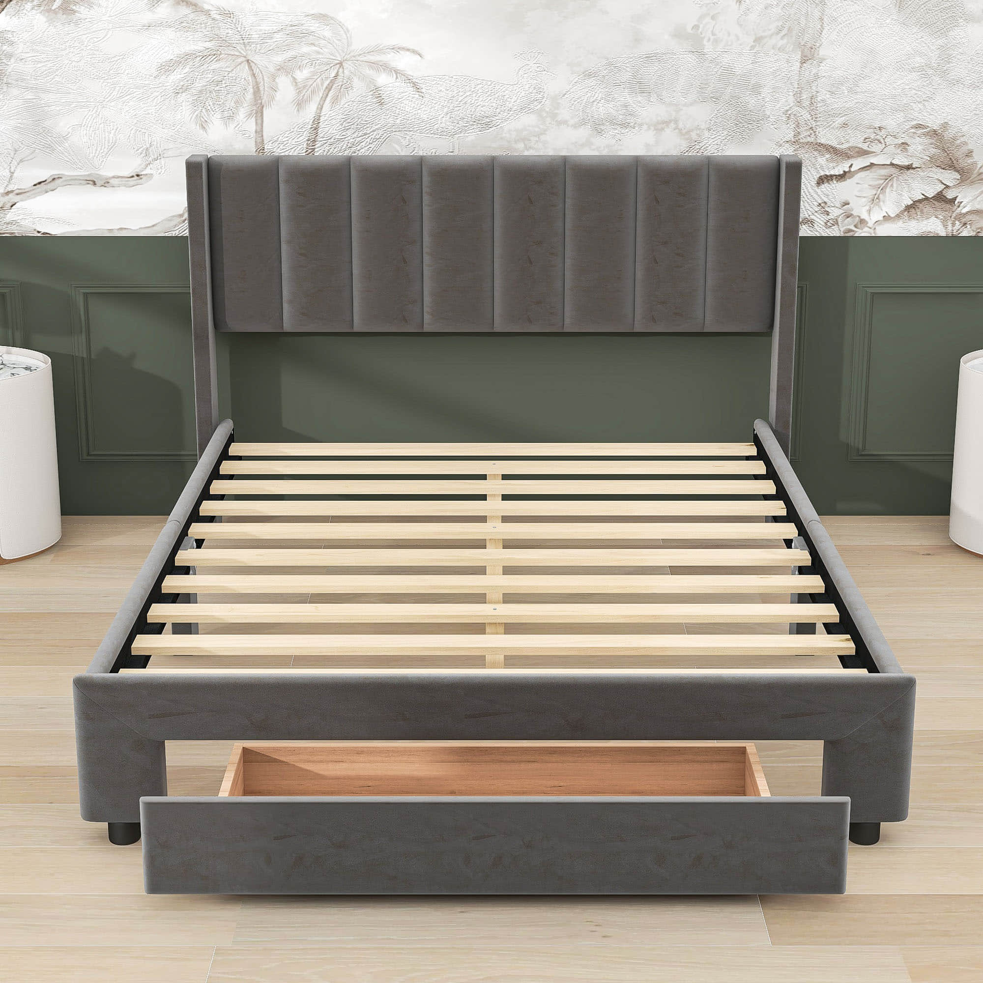 Velvet Queen Size Upholstered Platform Bed Frame with Headboard and Storage