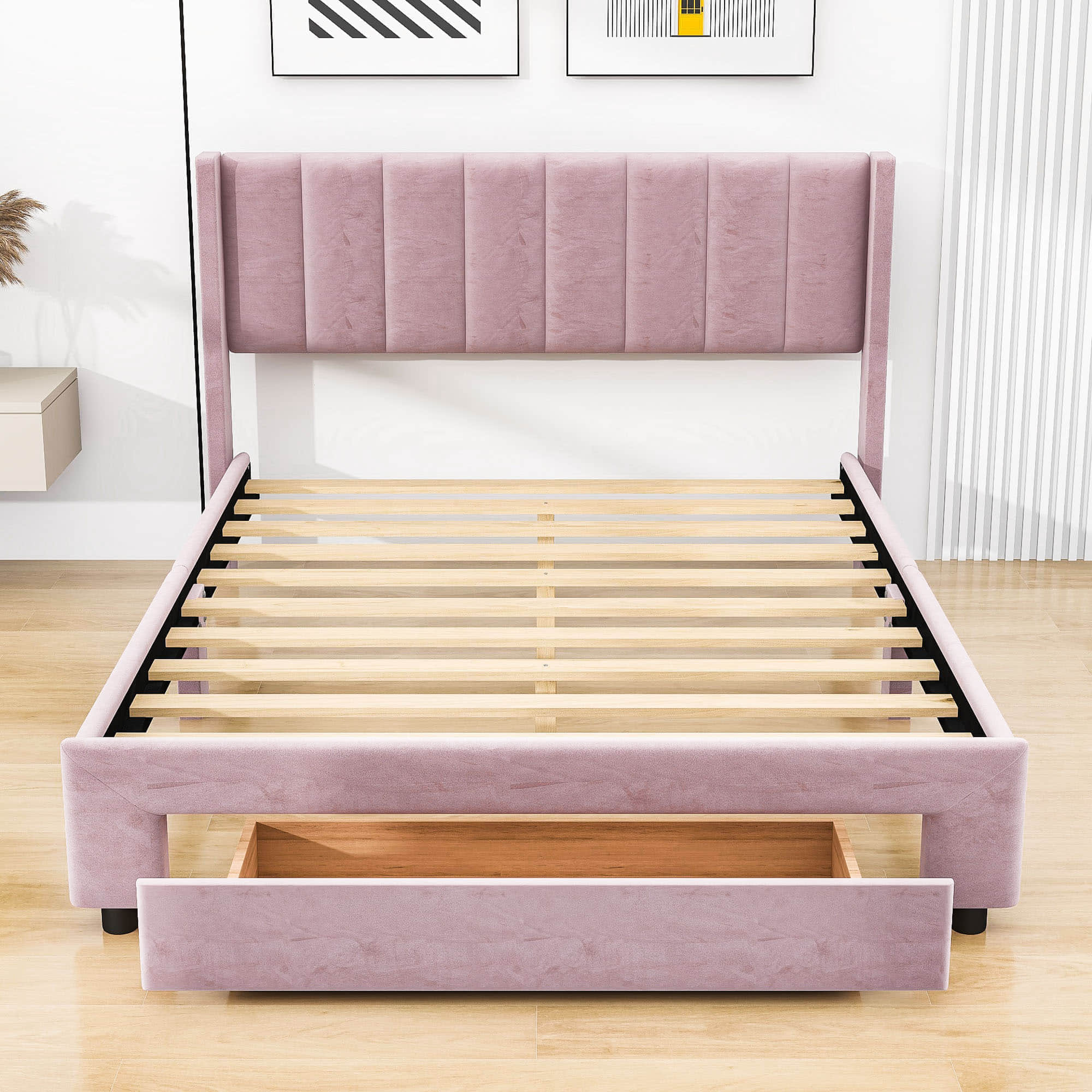 Velvet Queen Size Upholstered Platform Bed Frame with Headboard and Storage