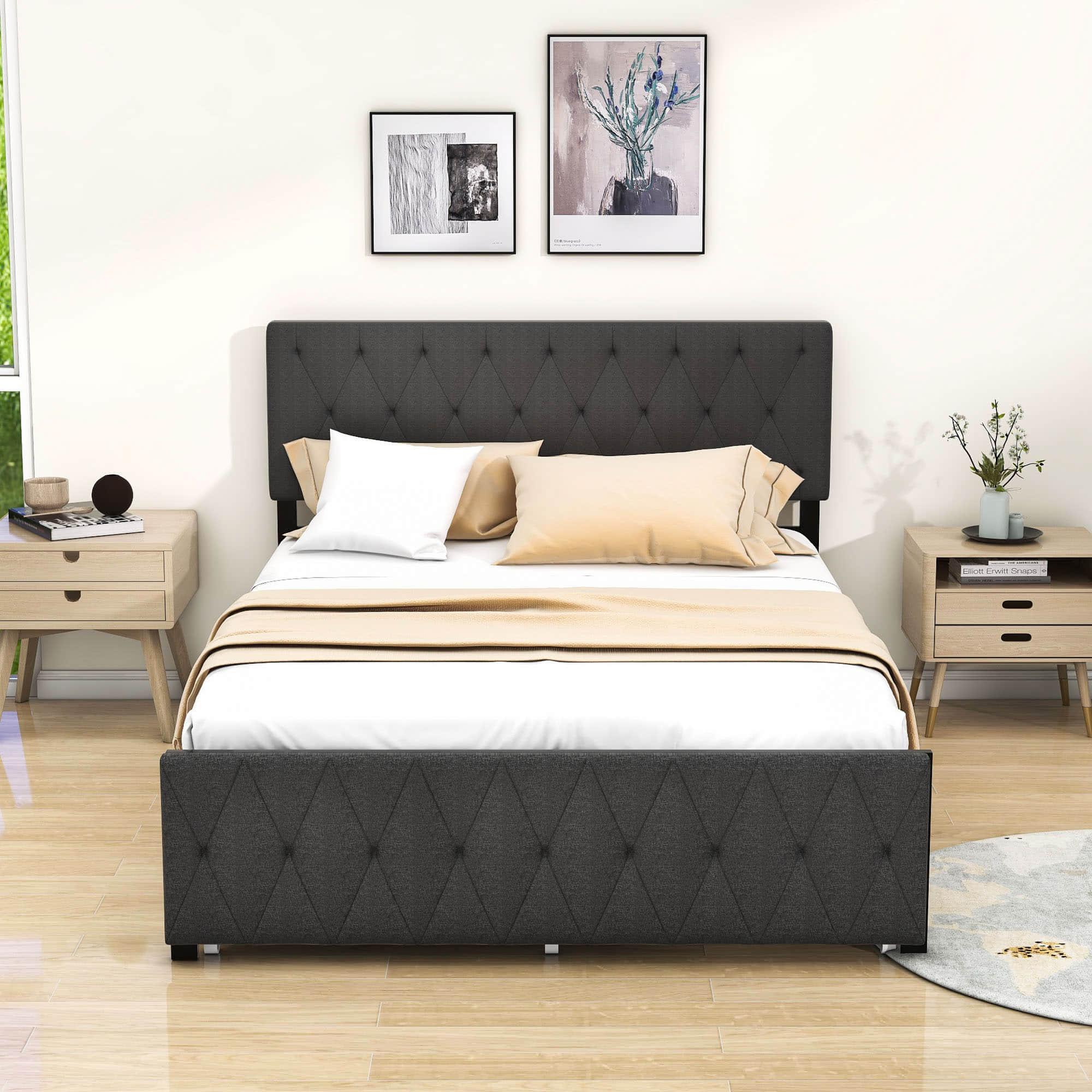 Metal Full Size Upholstered Storage Bed with Headboard and Drawers