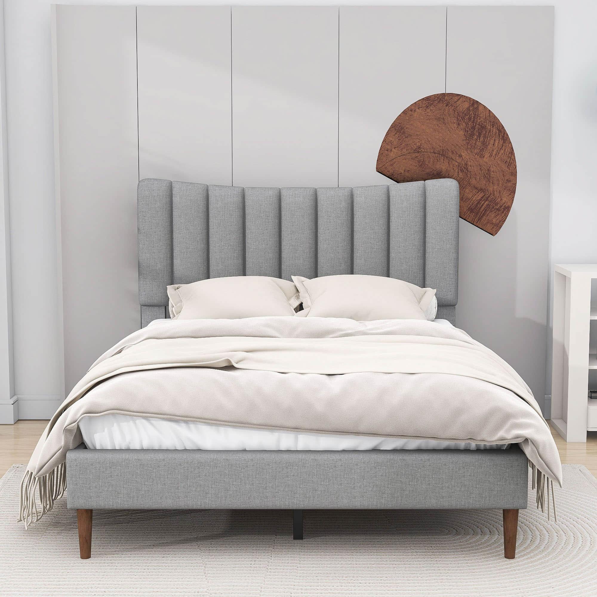 Full Size Linen Upholstered Platform Low Bed Frame with Headboard