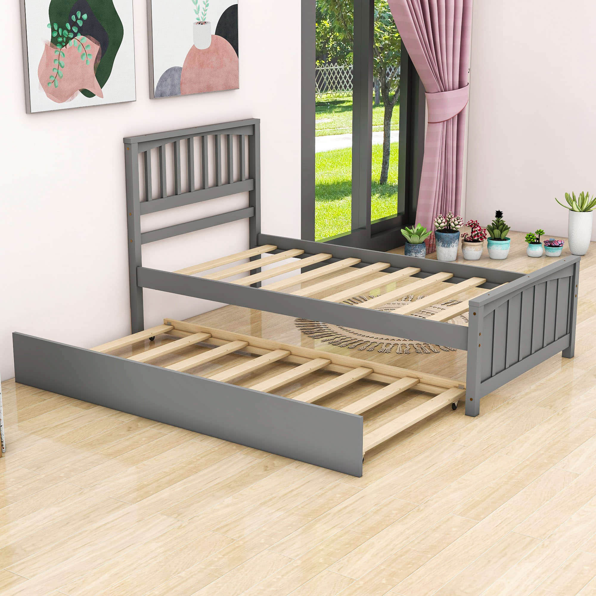 Twin Size Wood Platform Bed with Twin Trundle and Headboard