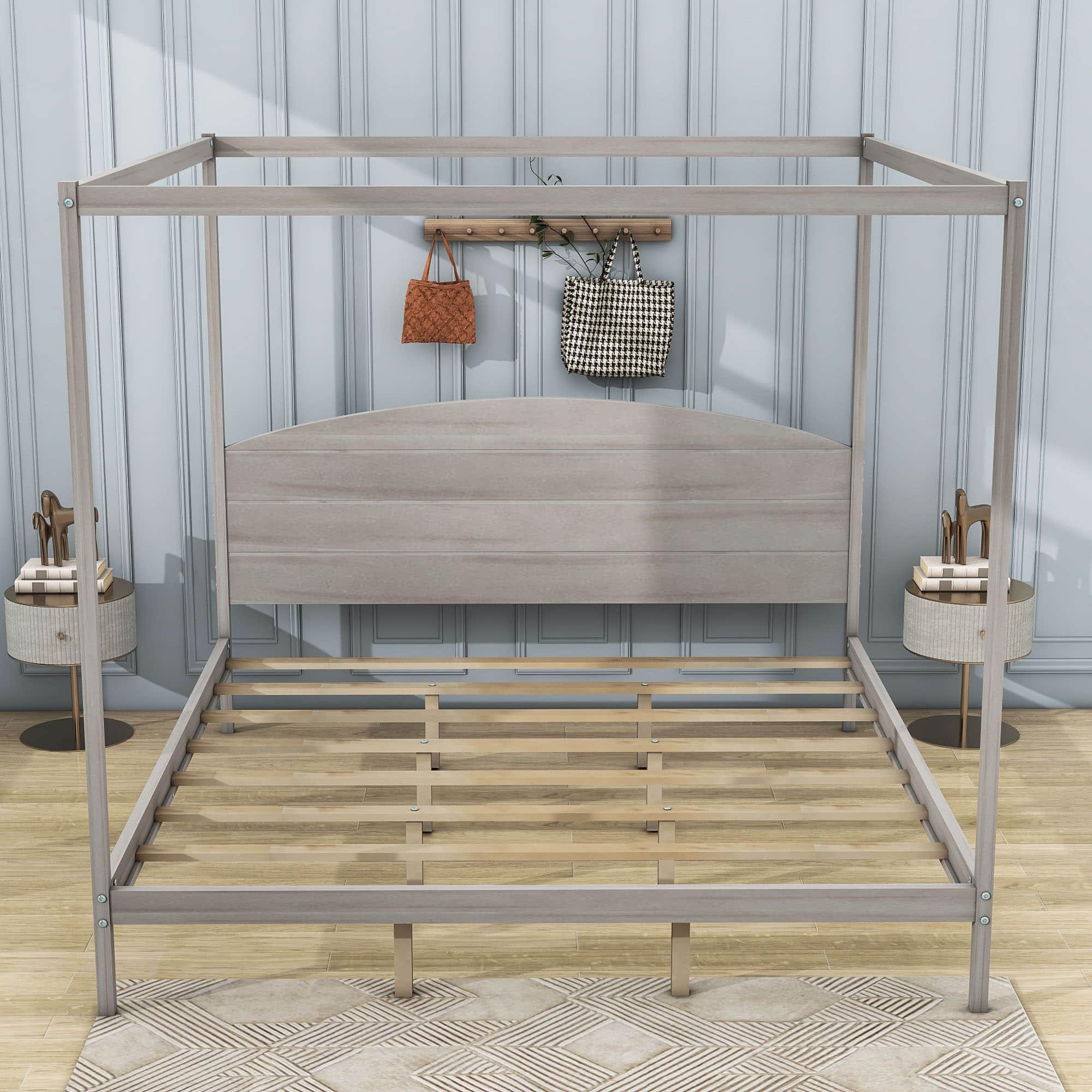 Rustic Wood King Size Canopy Bed Frame with Headboard for Adults