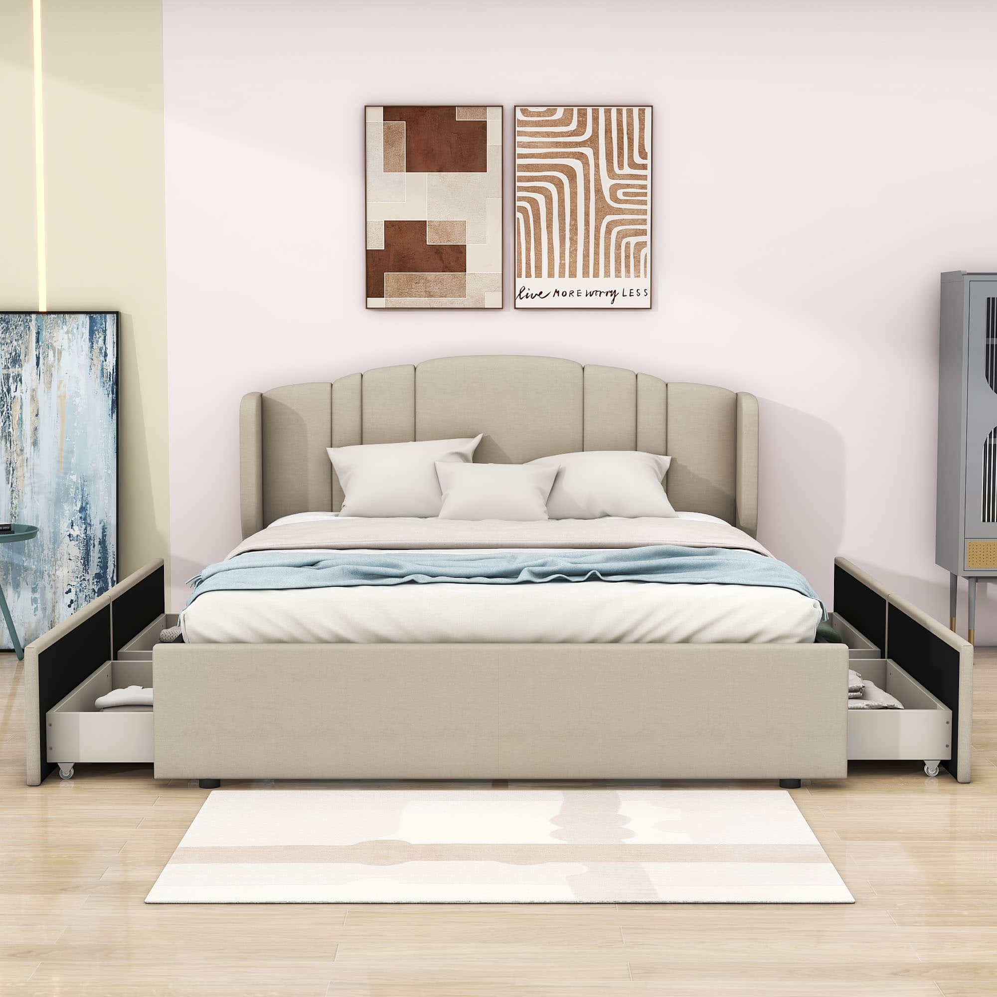 Queen Modern Upholstered Bed Frame with Headboard and Storage