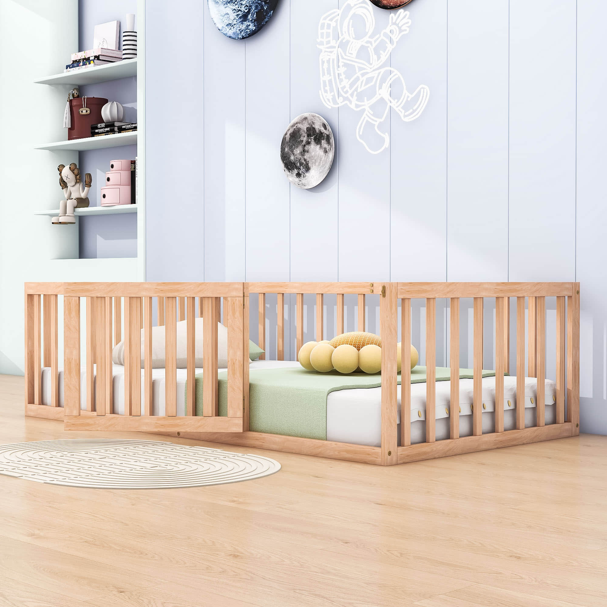 Wood Twin Size Montessori Toddler Floor Bed Frame with Rails and Door