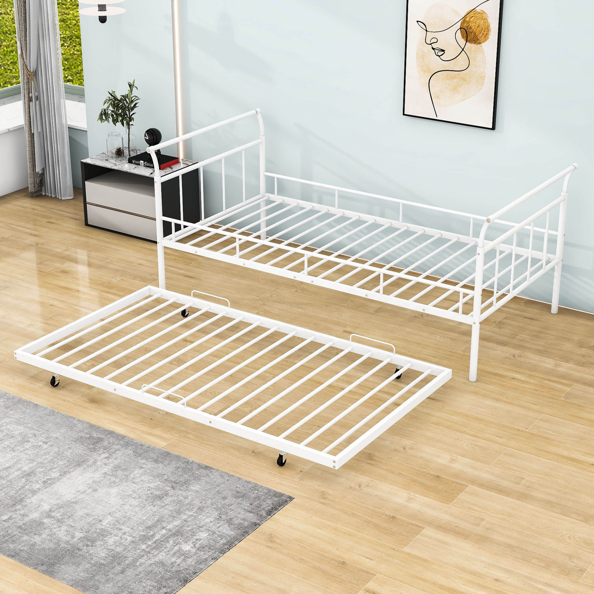 Metal Twin Daybed with Trundle and Curved Armrest - [Backless]