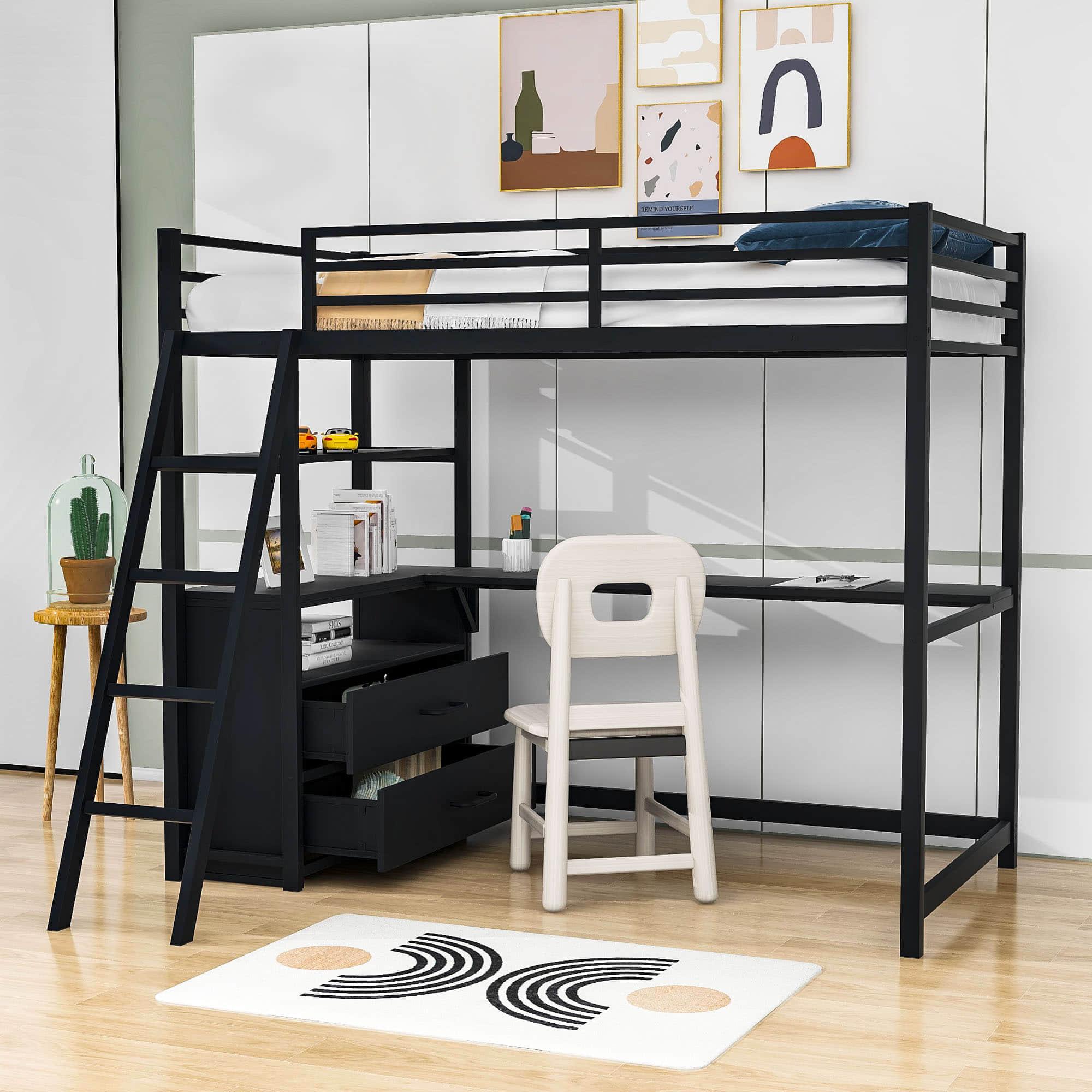 Metal Twin Size Loft Bed with Desk and Storage for College, Dorms