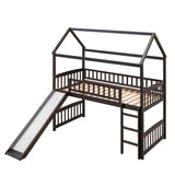 Twin Size Low House Loft Bed with Slide for Kids - [Wood]