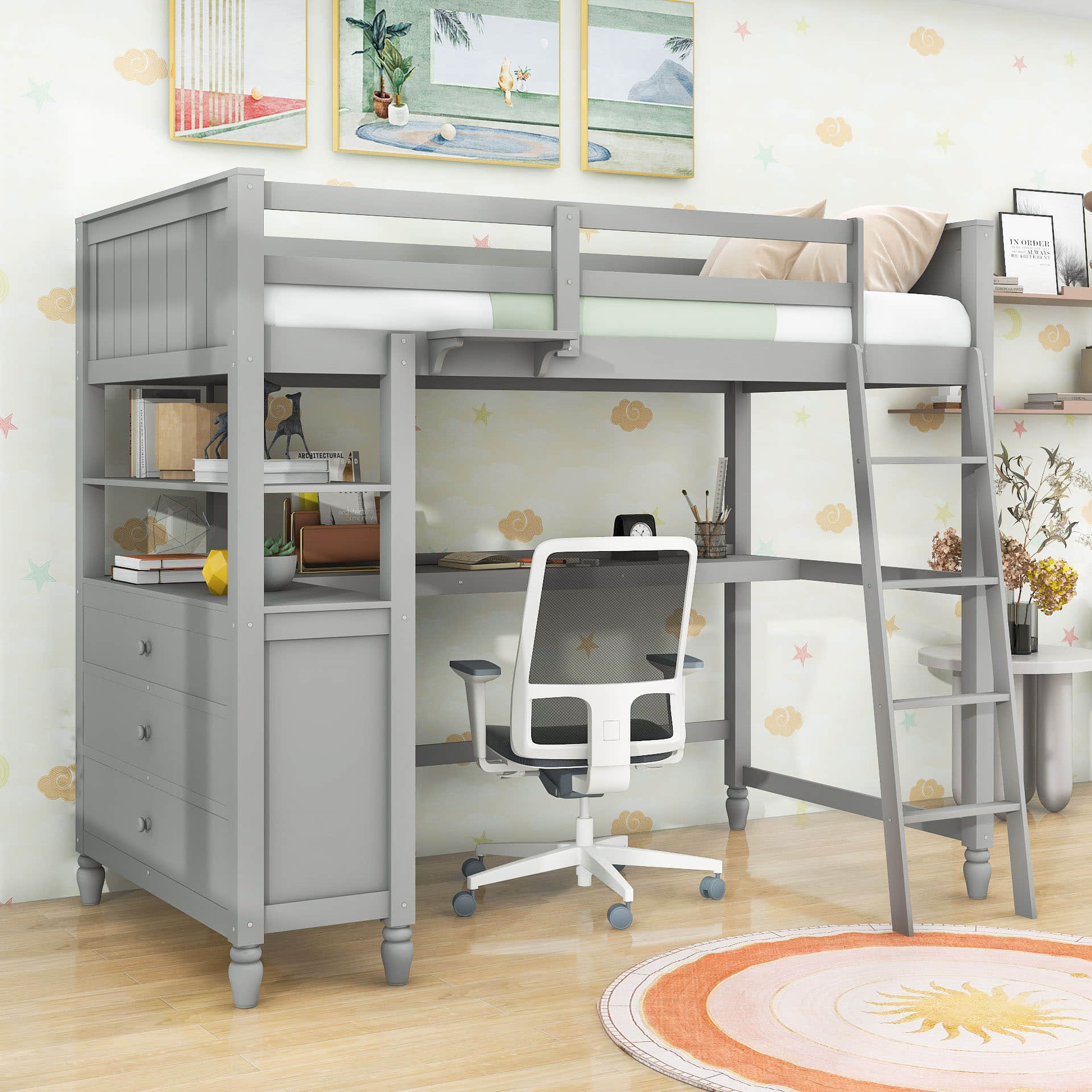 Twin Size Convertible Loft Bed with Desk and Storage - [Dresser, Shelves]