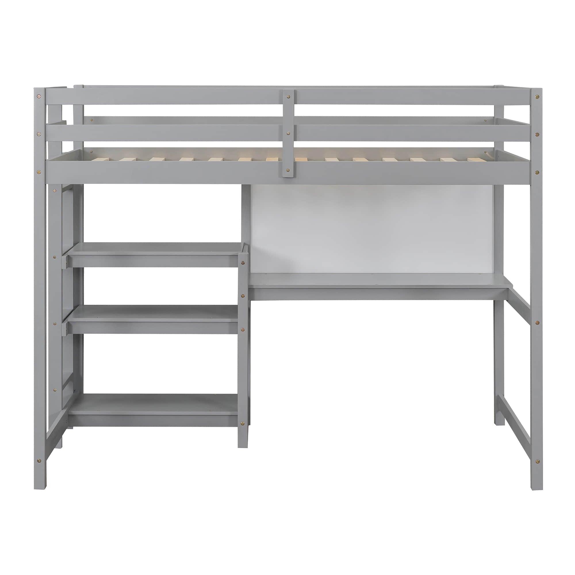 Wooden Twin Loft Bed with Desk and Storage Shelves for Adult, Kids, Junior